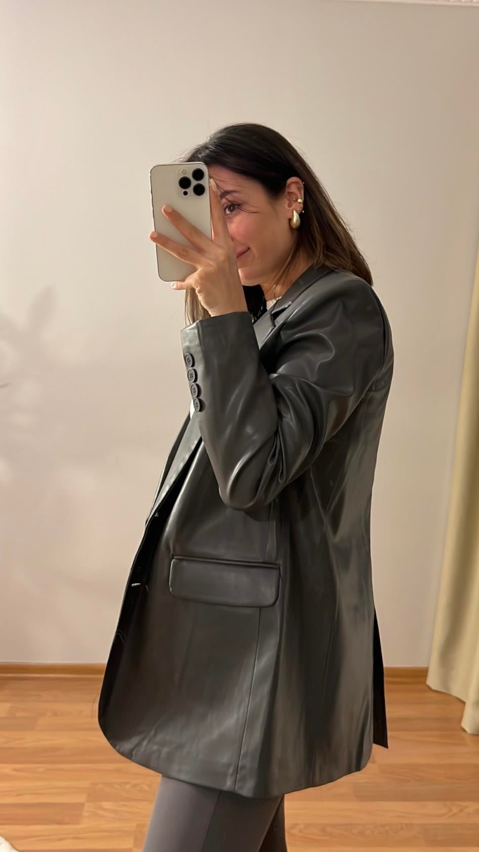 KOYU GRİ DERİ KRUVAZE BLAZER