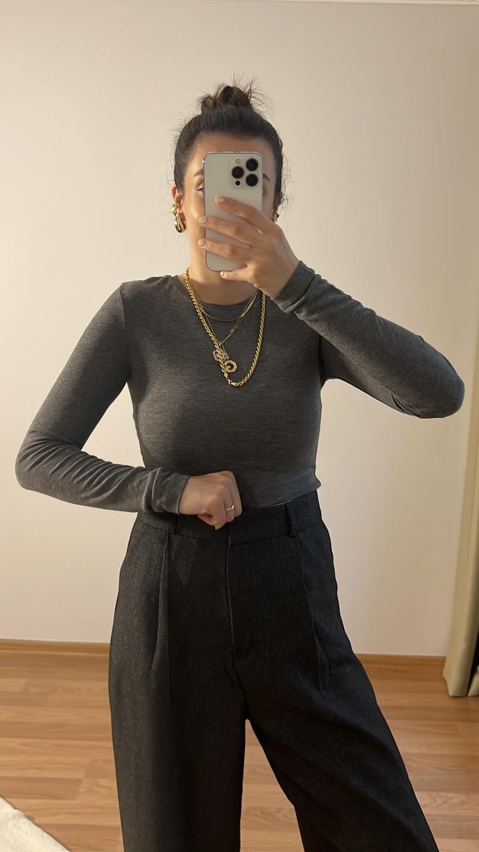 Koyu Gri Uzun Kollu Basıc