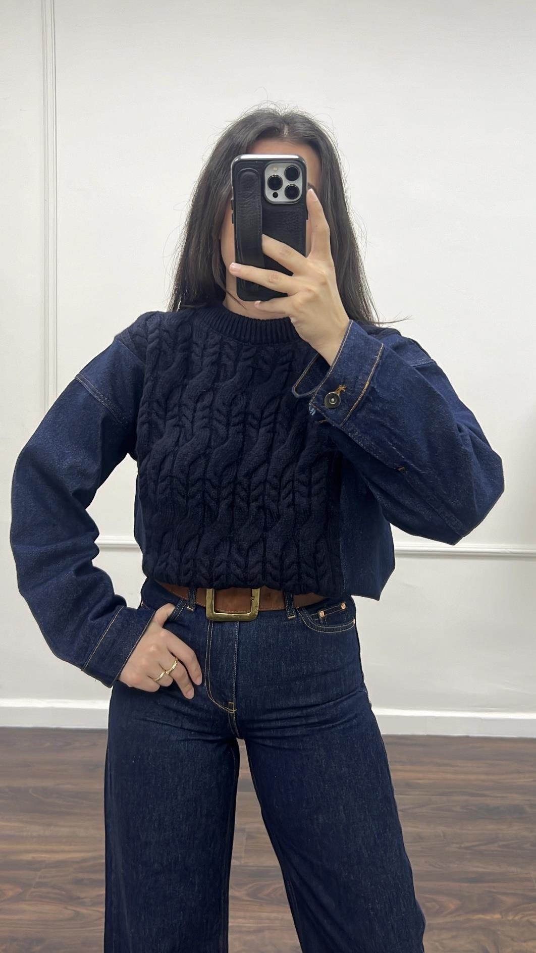 Koyu Lacivert Denim Detaylı Kazak