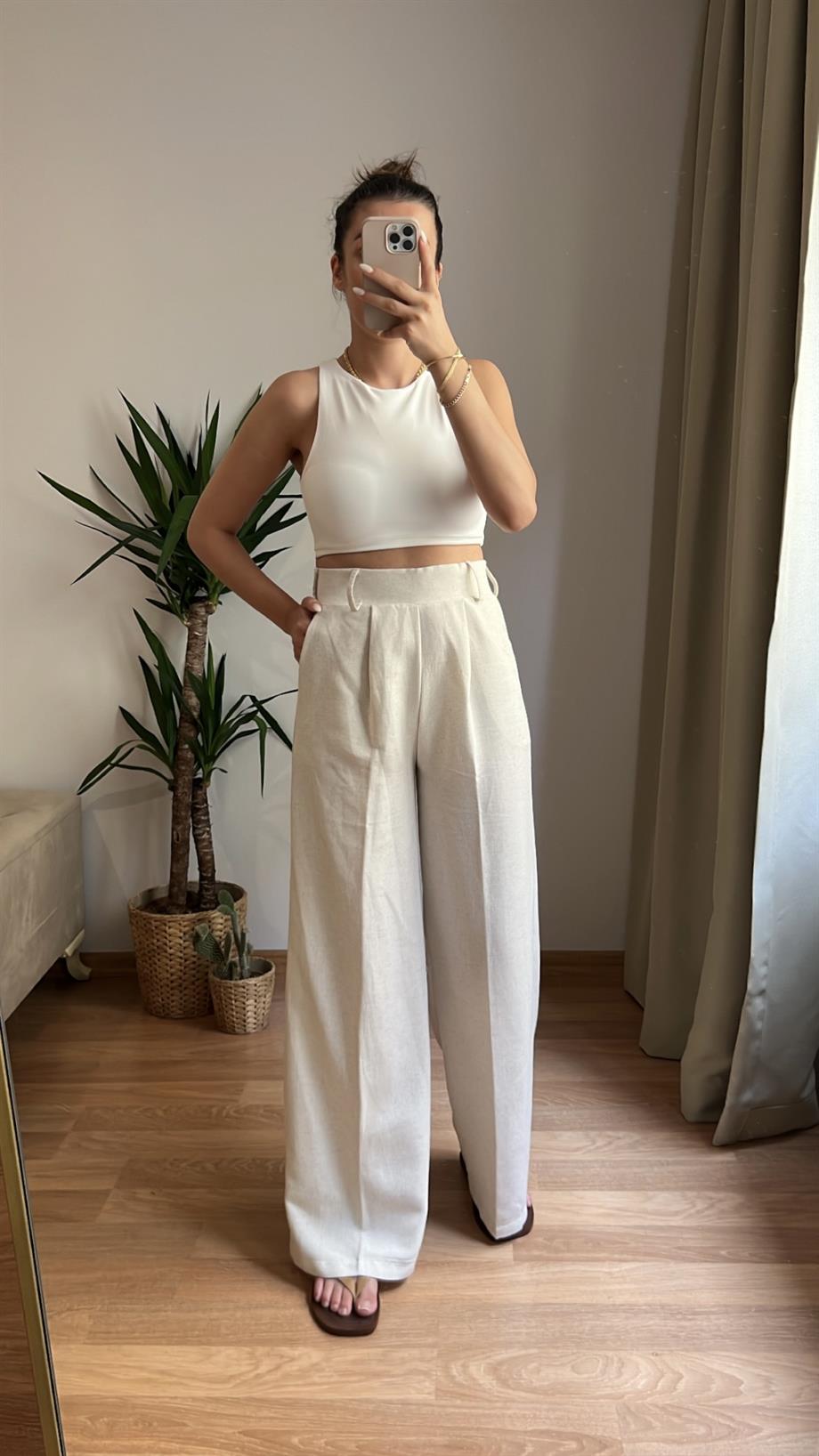 KREM BEL LASTİKLİ KETEN PANTOLON