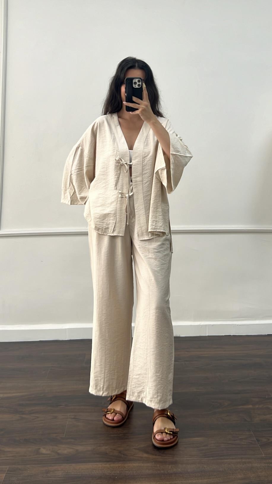 Krem Premium Bağlamalı Kimono Pantolon Takım