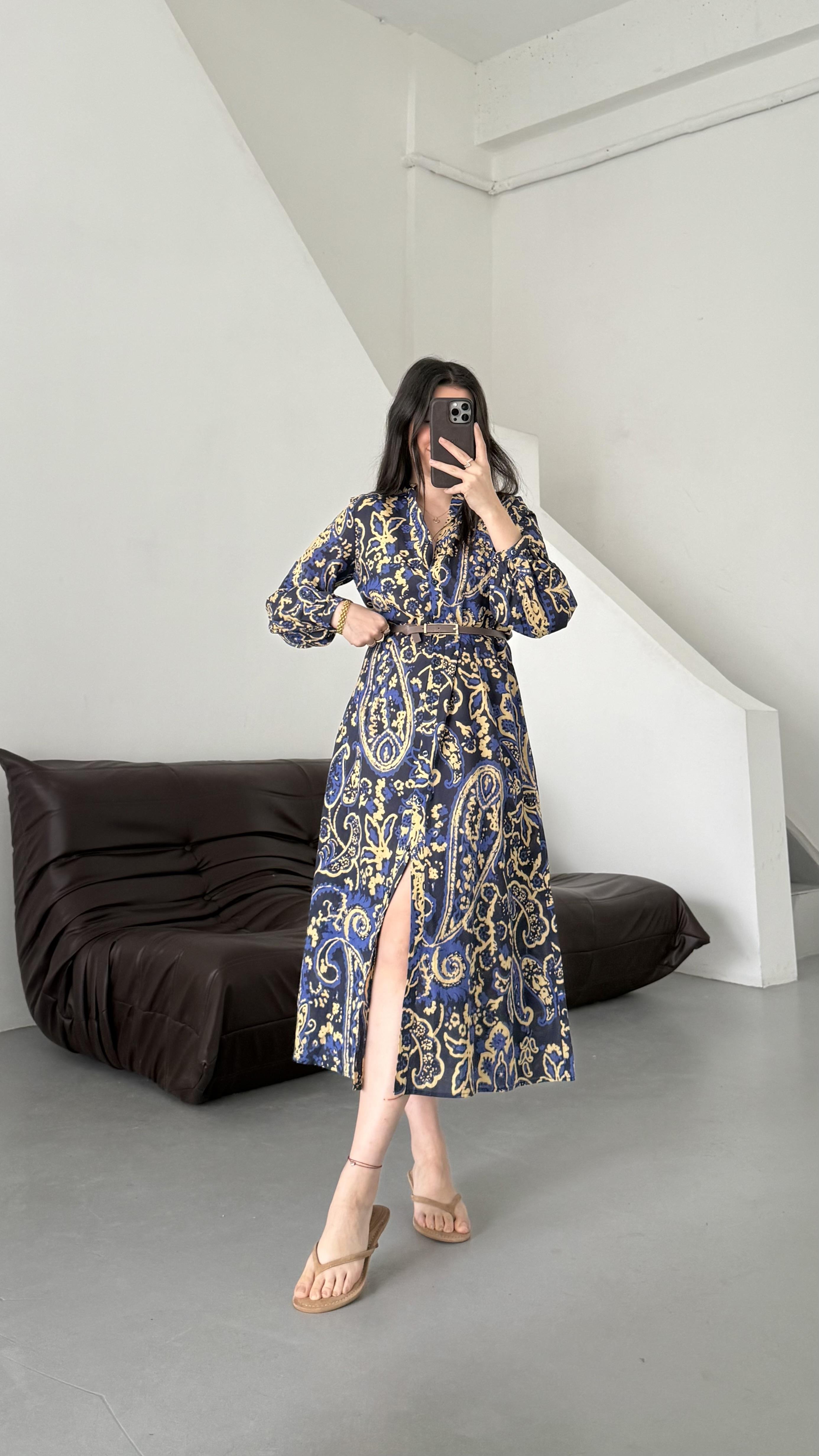 Laci Camel Desenli Midi Elbise