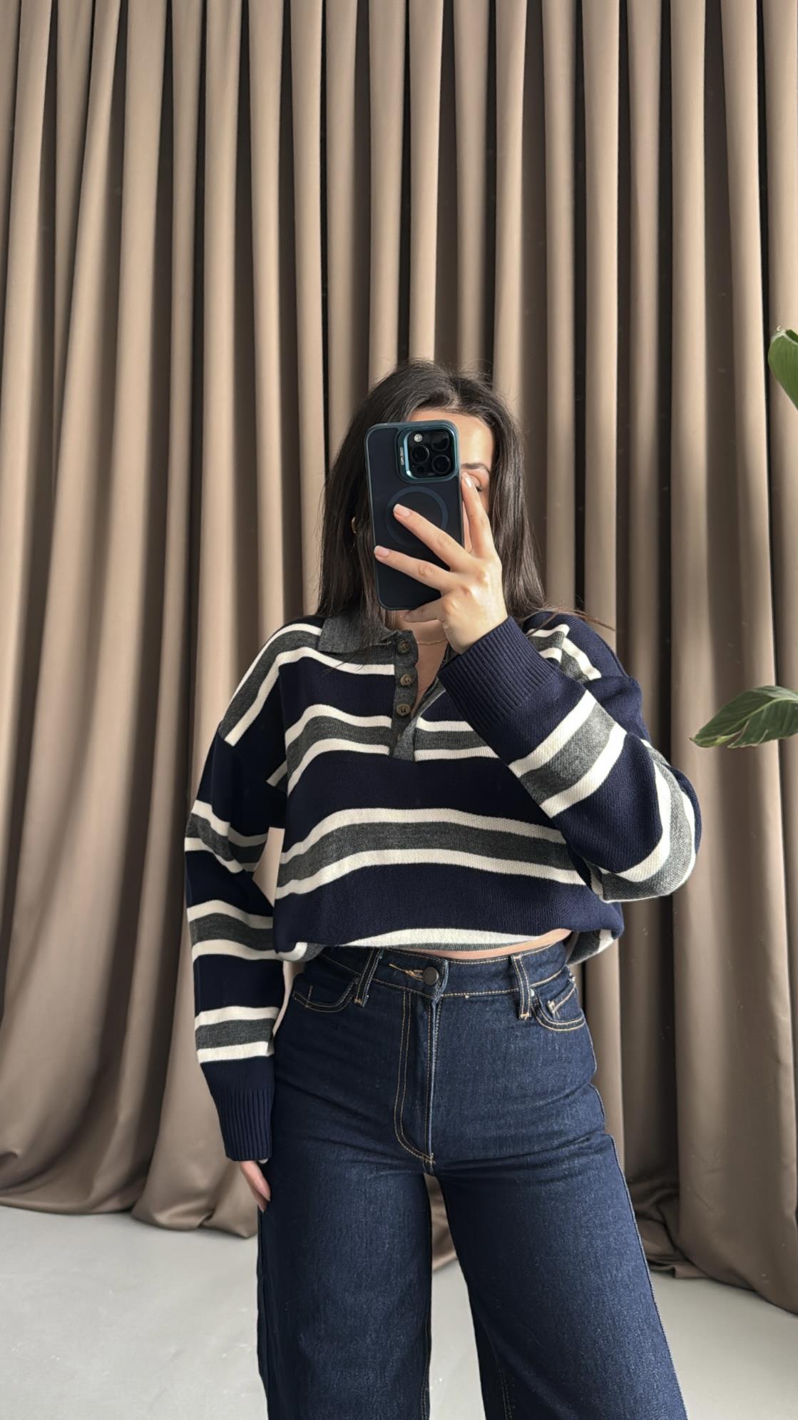 Laci Gri Polo Yaka Çelik Örme Triko Kazak