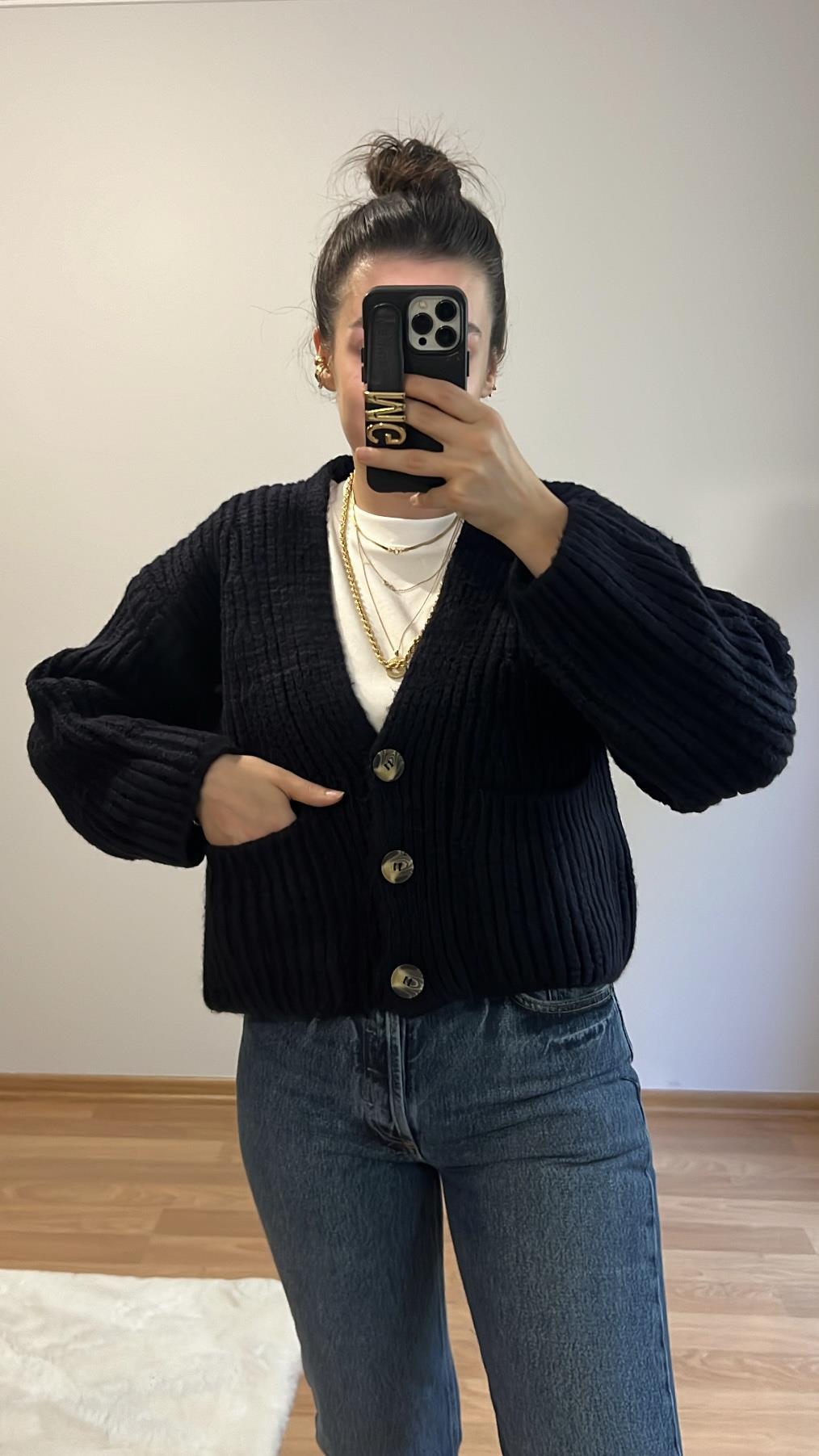 LACİ KEMİK V YAKA DÜĞMELİ CEPLİ HIRKA