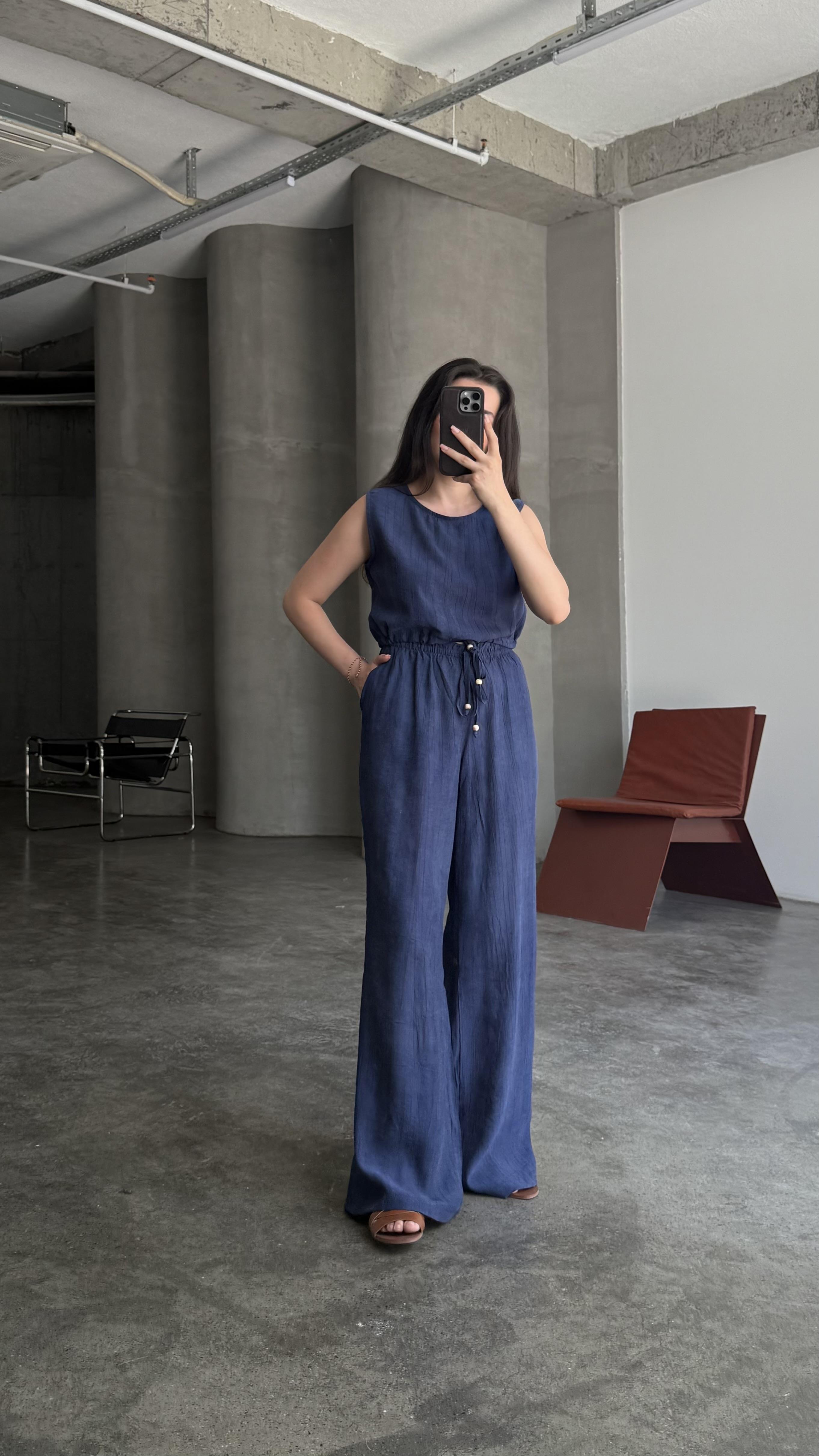 Lacivert Bağcıklı Crop Pantolon Takım