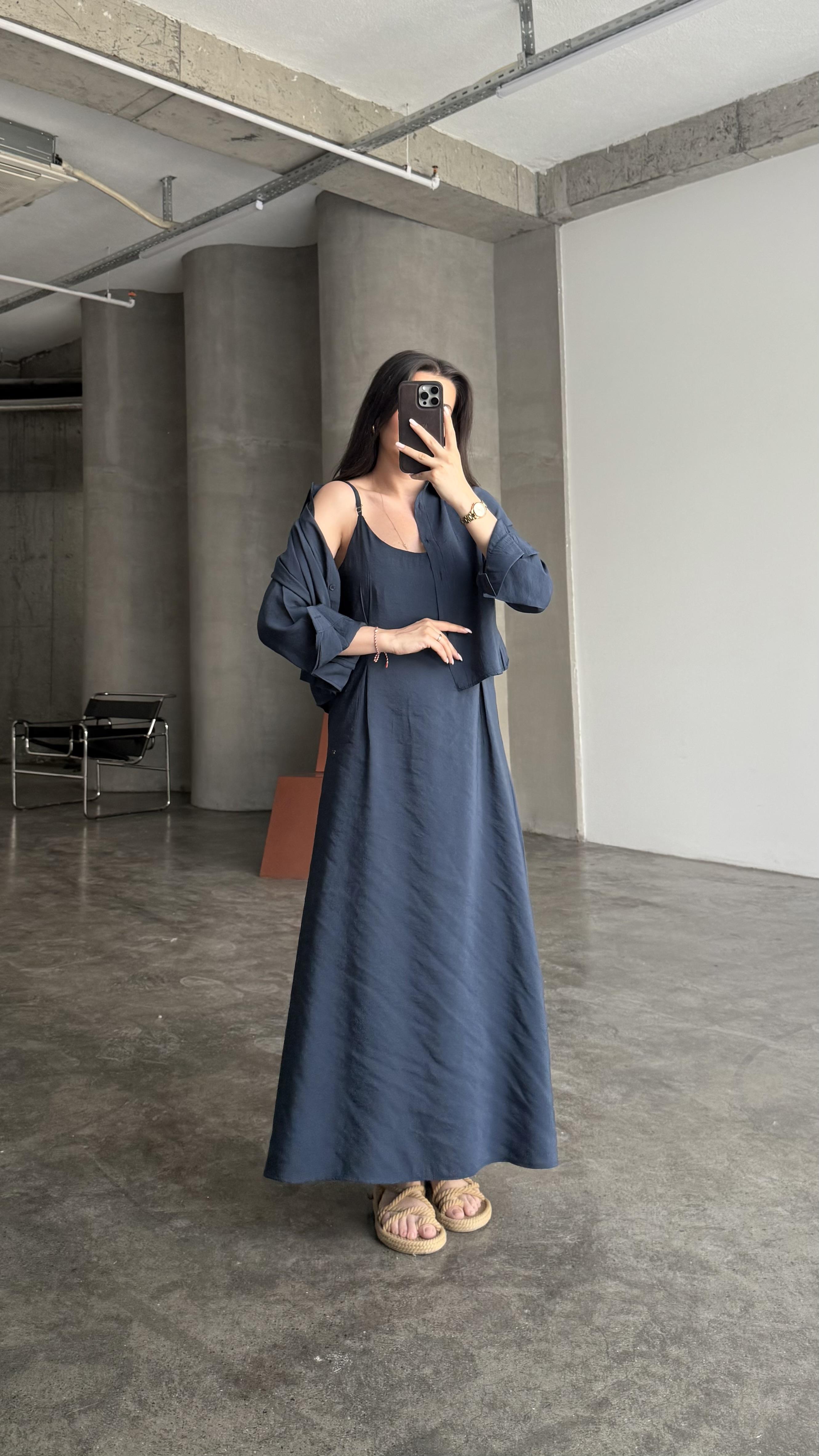 Lacivert Gömlekli İp Askılı Elbise Tensel Takım