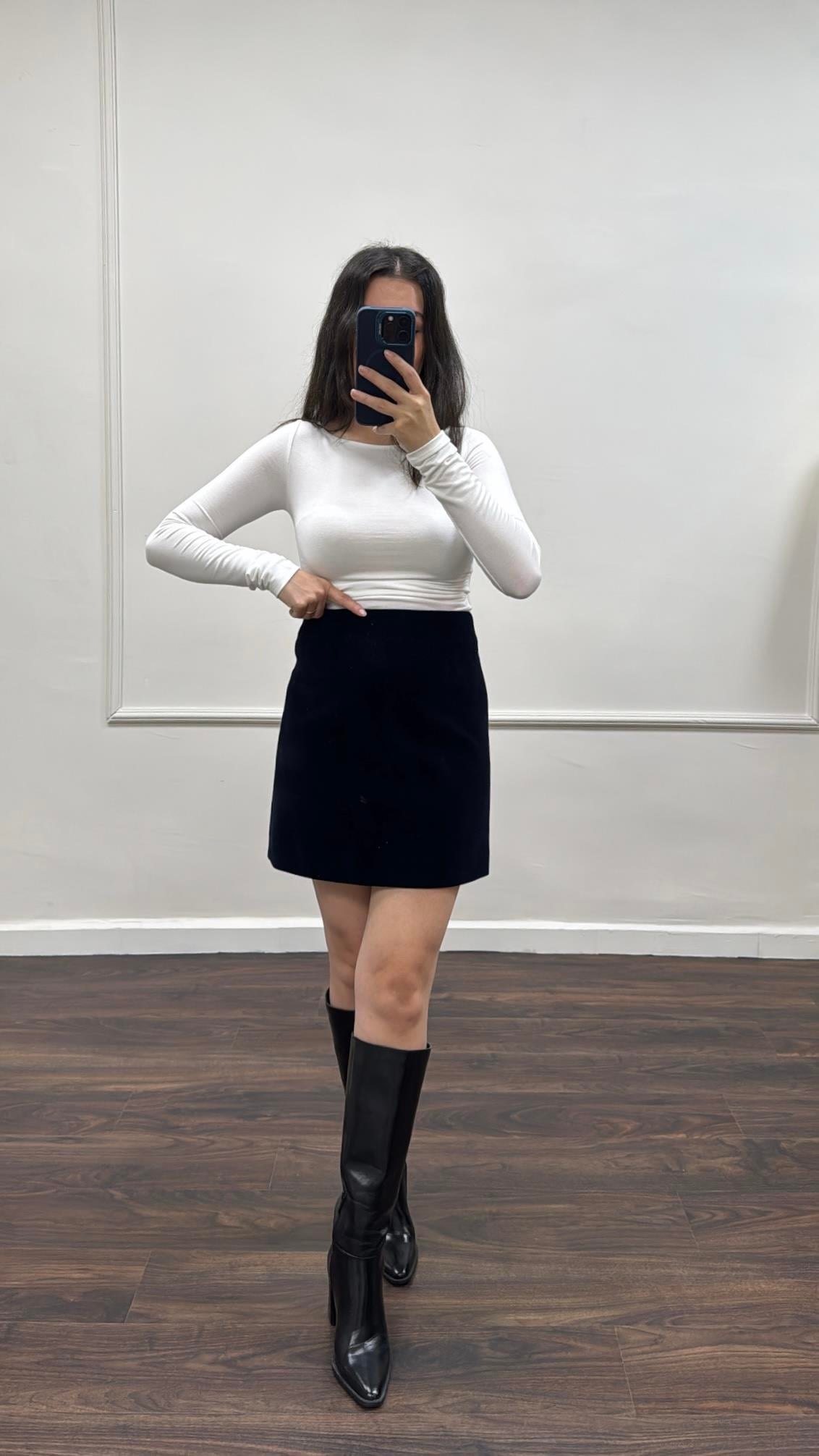 Lacivert Kadife Mini Etek 