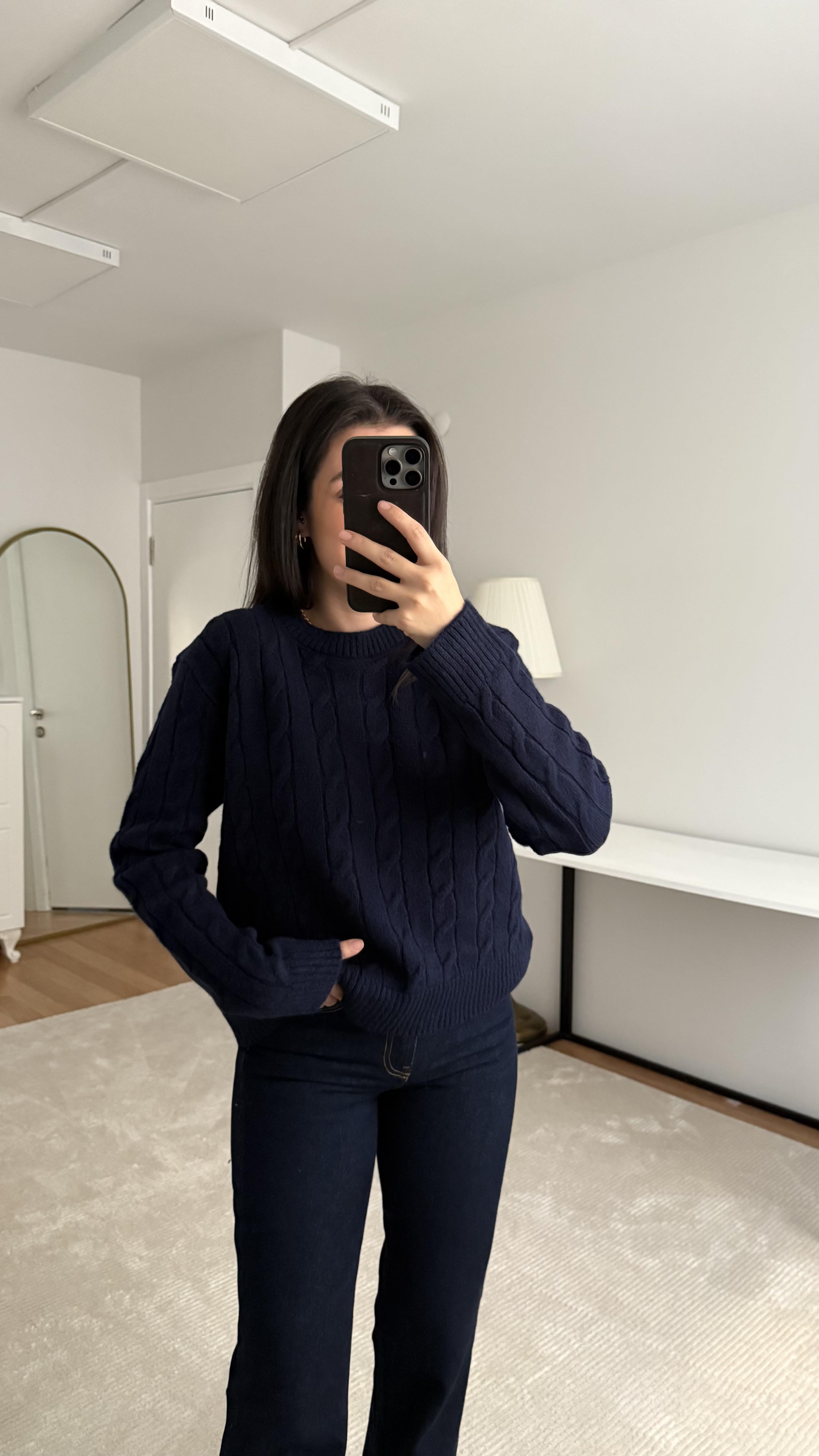 Lacivert Saç Örgü Premıum Triko Kazak