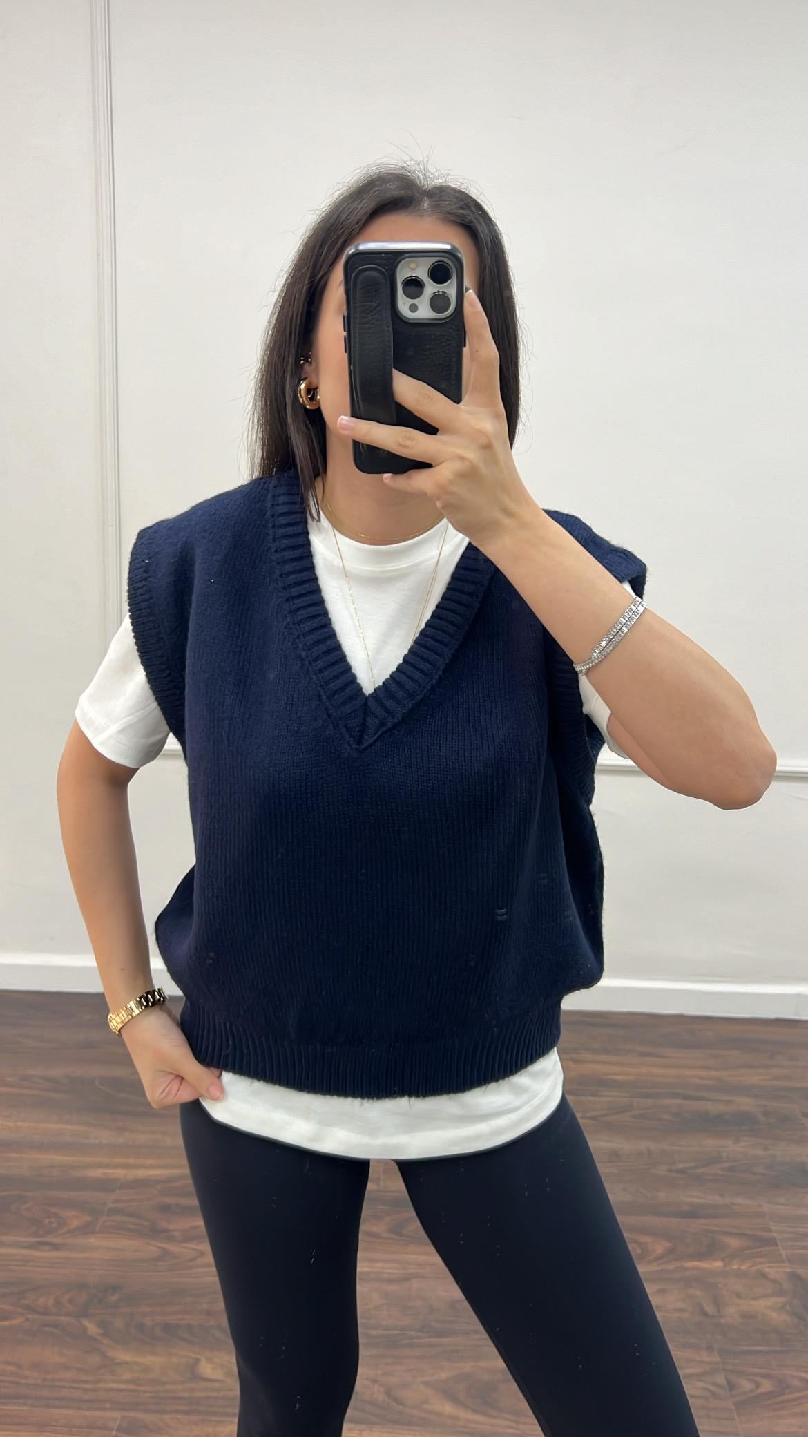 Lacivert V Yaka Triko Süveter 