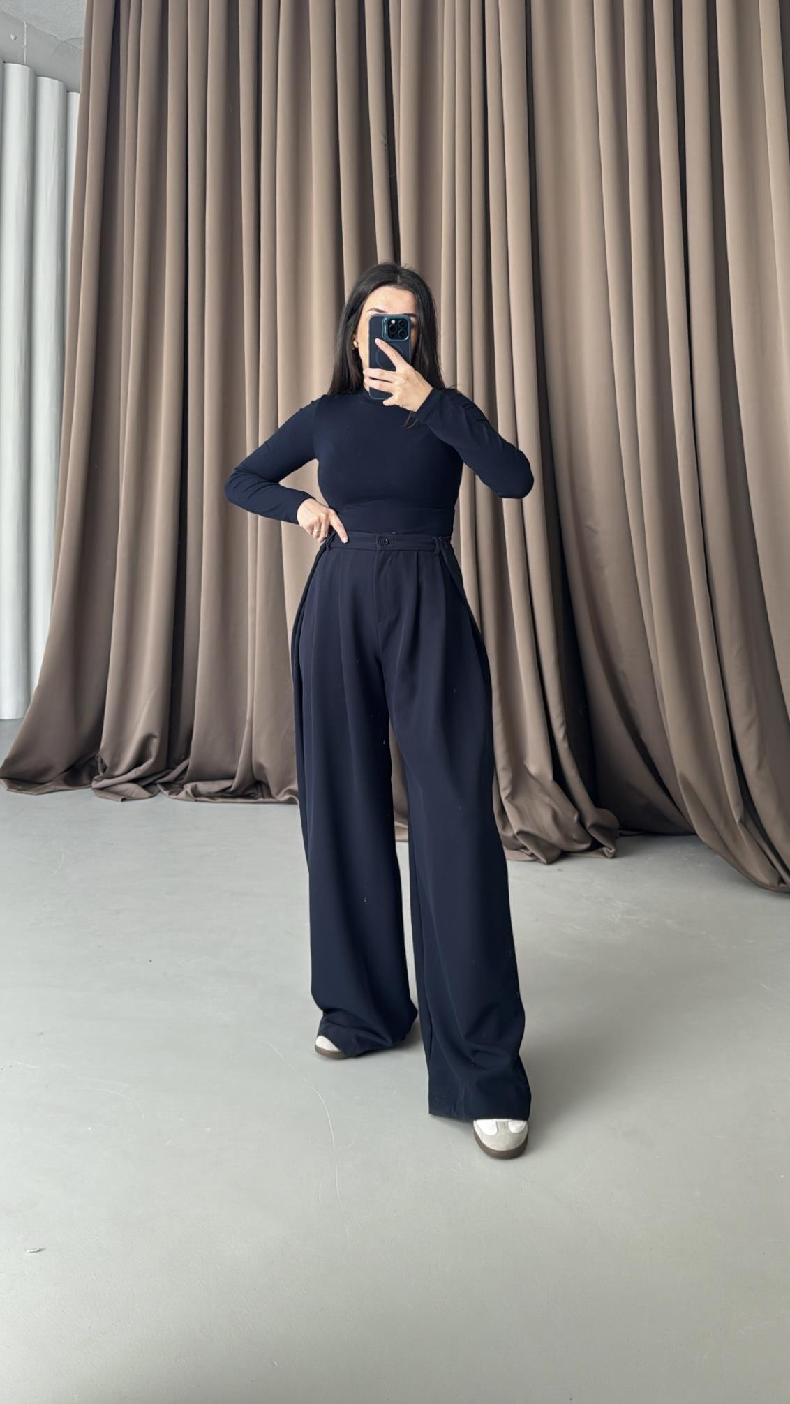 Lacivert Yüksek Bel Premıum Pensli Wide Leg Kumaş Pantolon