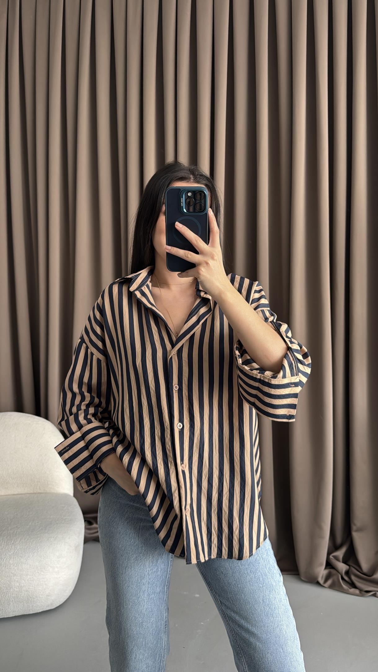 Lacivert/Bej Çizgili Oversıze Gömlek