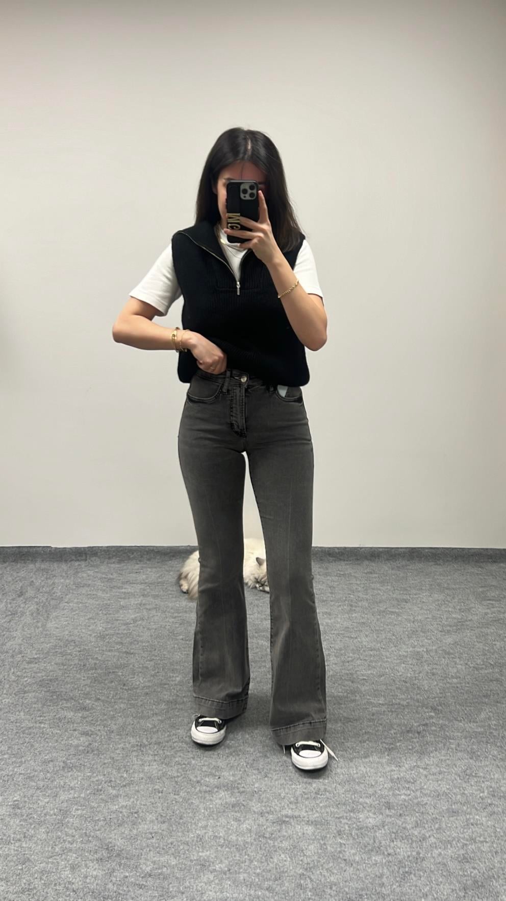 LANDİ GRİ DOUBLE PAÇA FLARE JEAN