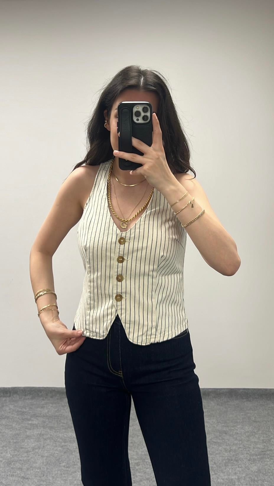 Landi Keten Görünümlü Çizgili Denim Yelek