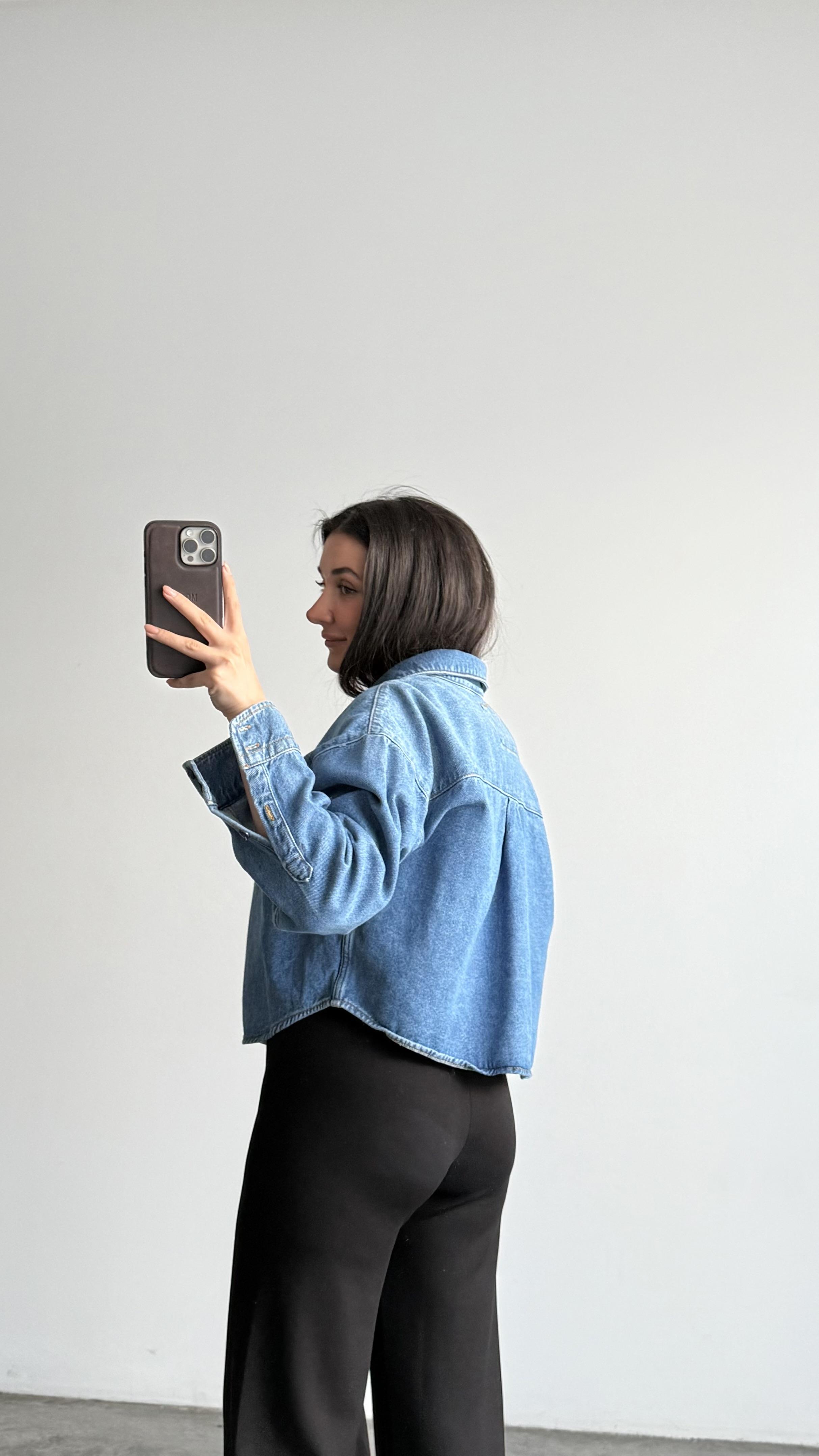 Landi Koyu Mavi Crop Denim Gömlek