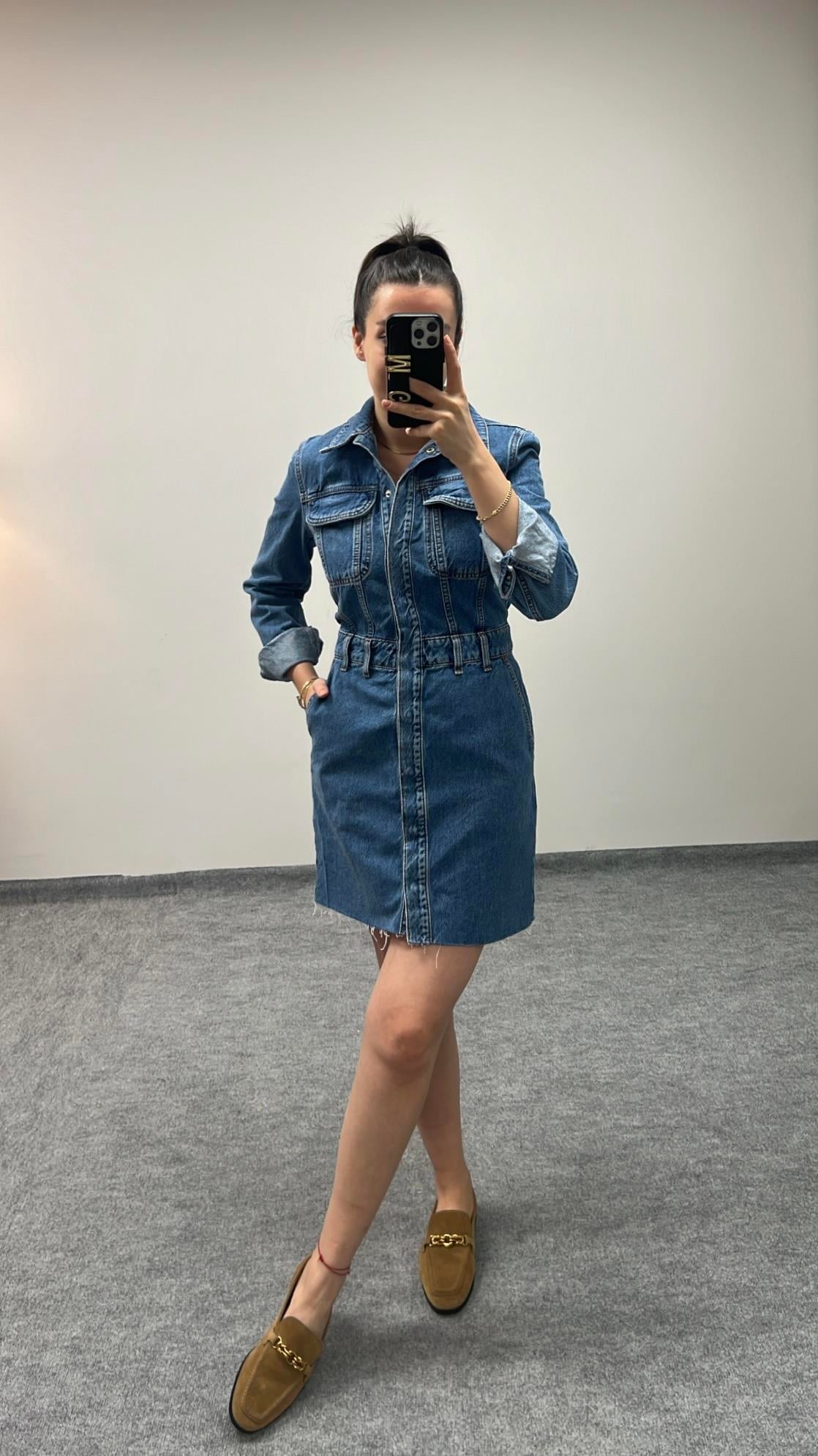 LANDİ LAZER KESİM DENİM ELBİSE