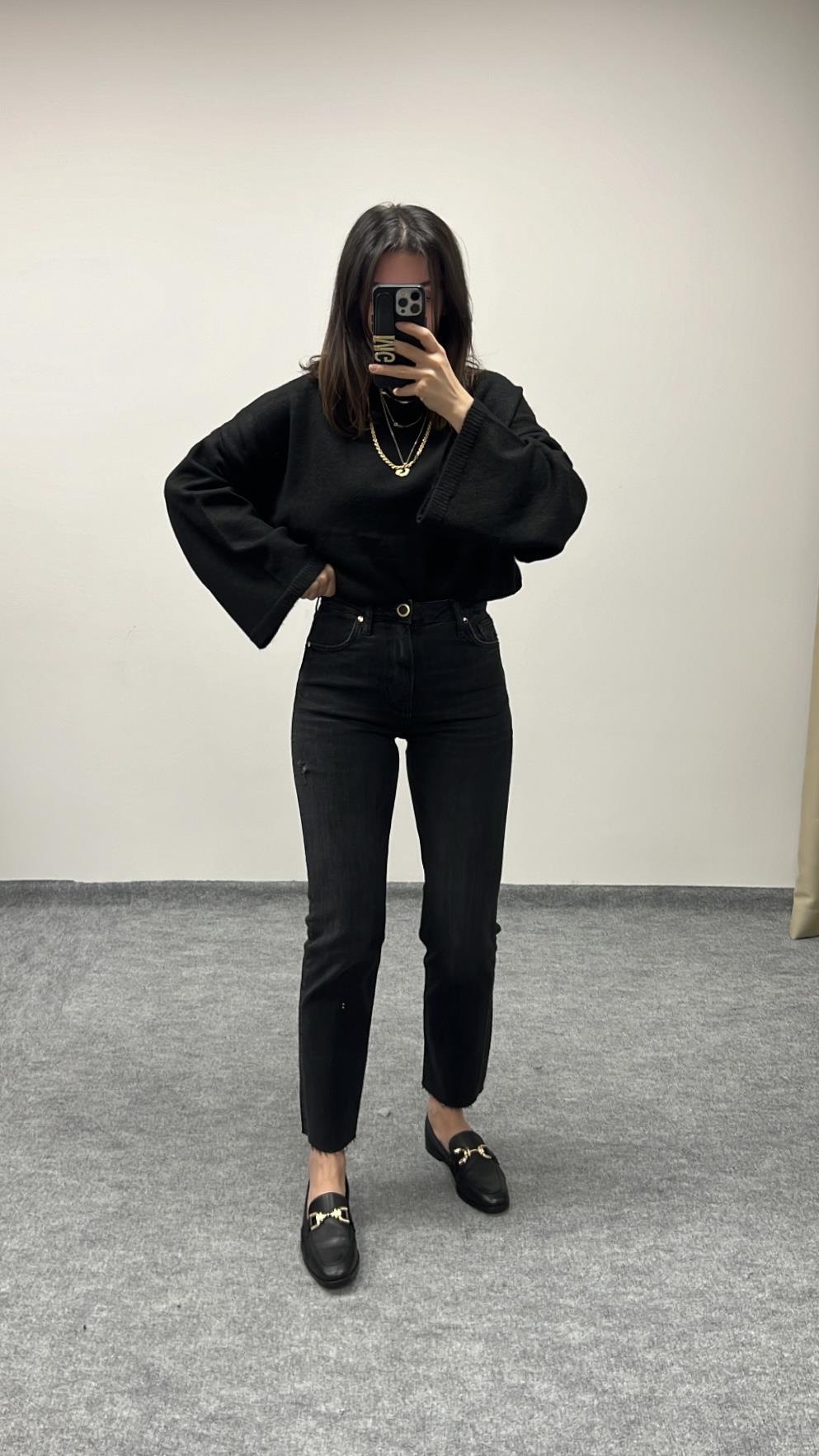 LANDİ SİYAH YIKAMALI BOYFIT JEAN
