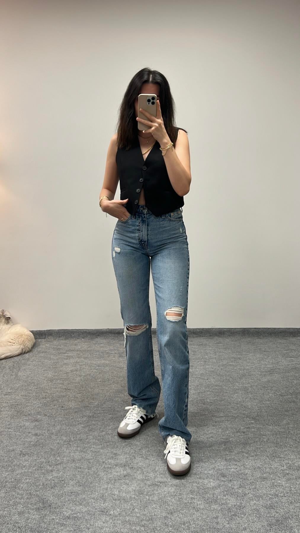 LANDİ YÜKSEK BEL YIRTIK DİZ STRAIGHT FIT JEAN