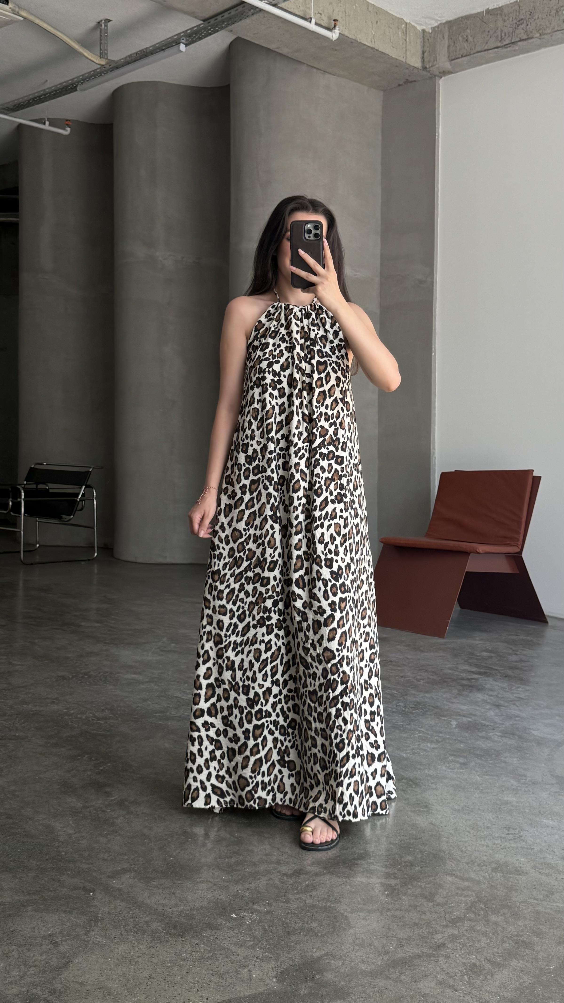 Leopar Desenli Boyundan Bağlamalı Elbise