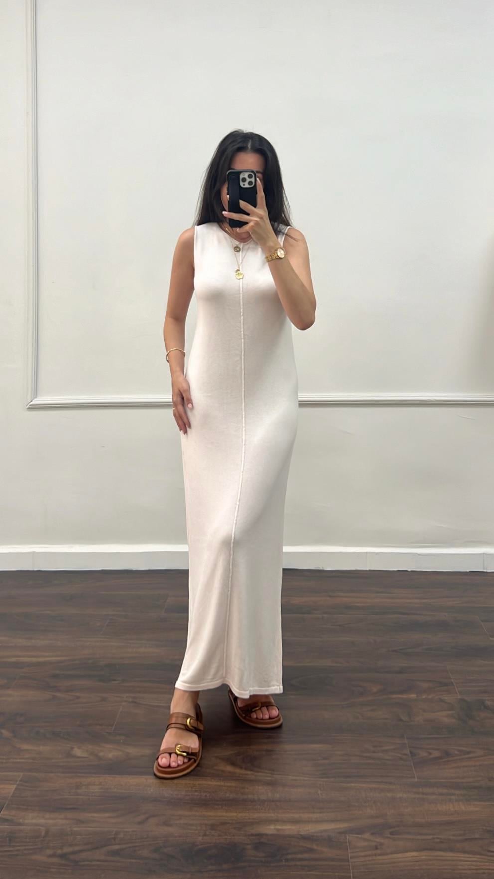 Long Ekru İnce Triko Düz Elbise