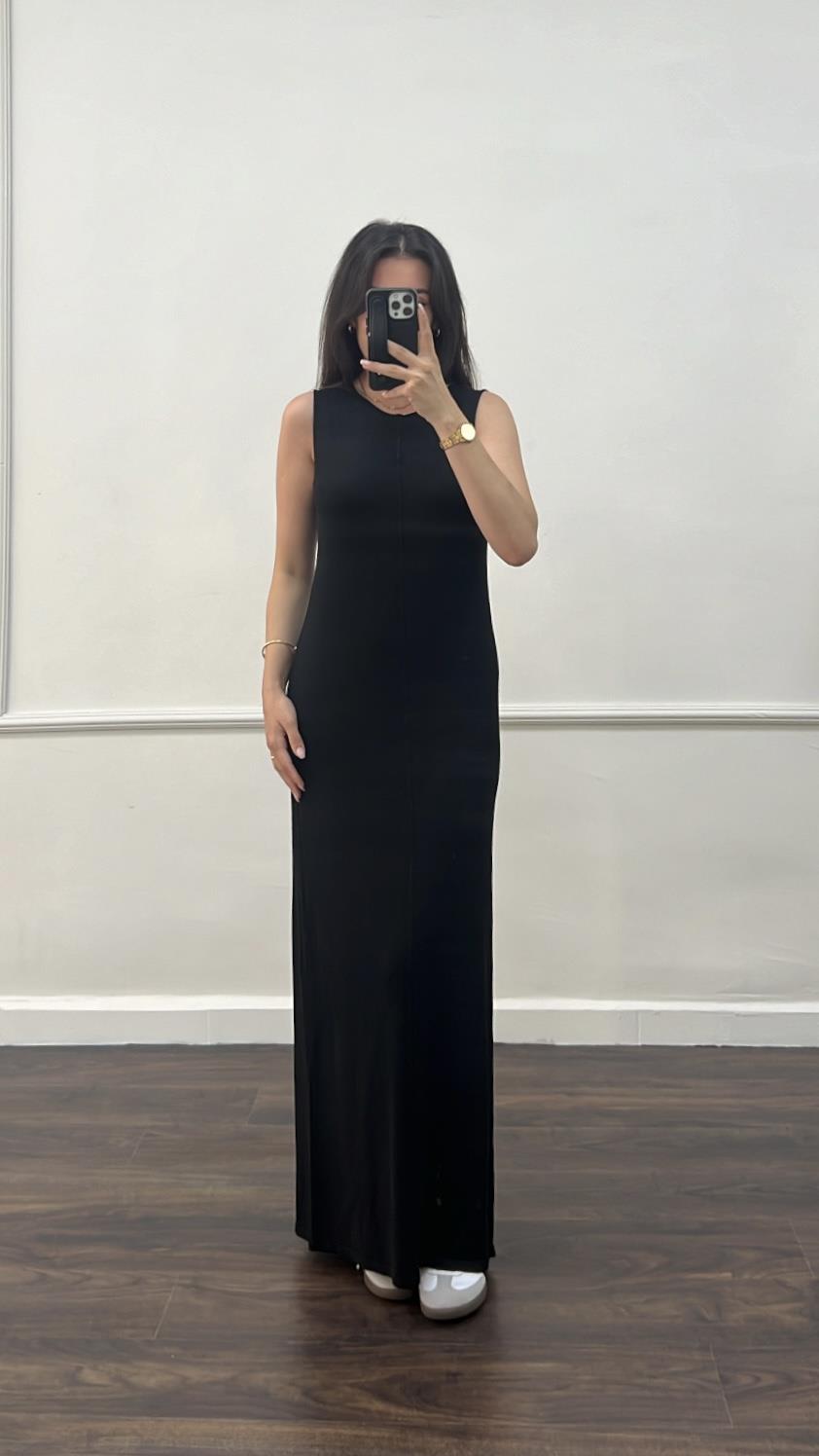 Long Siyah İnce Triko Düz Elbise