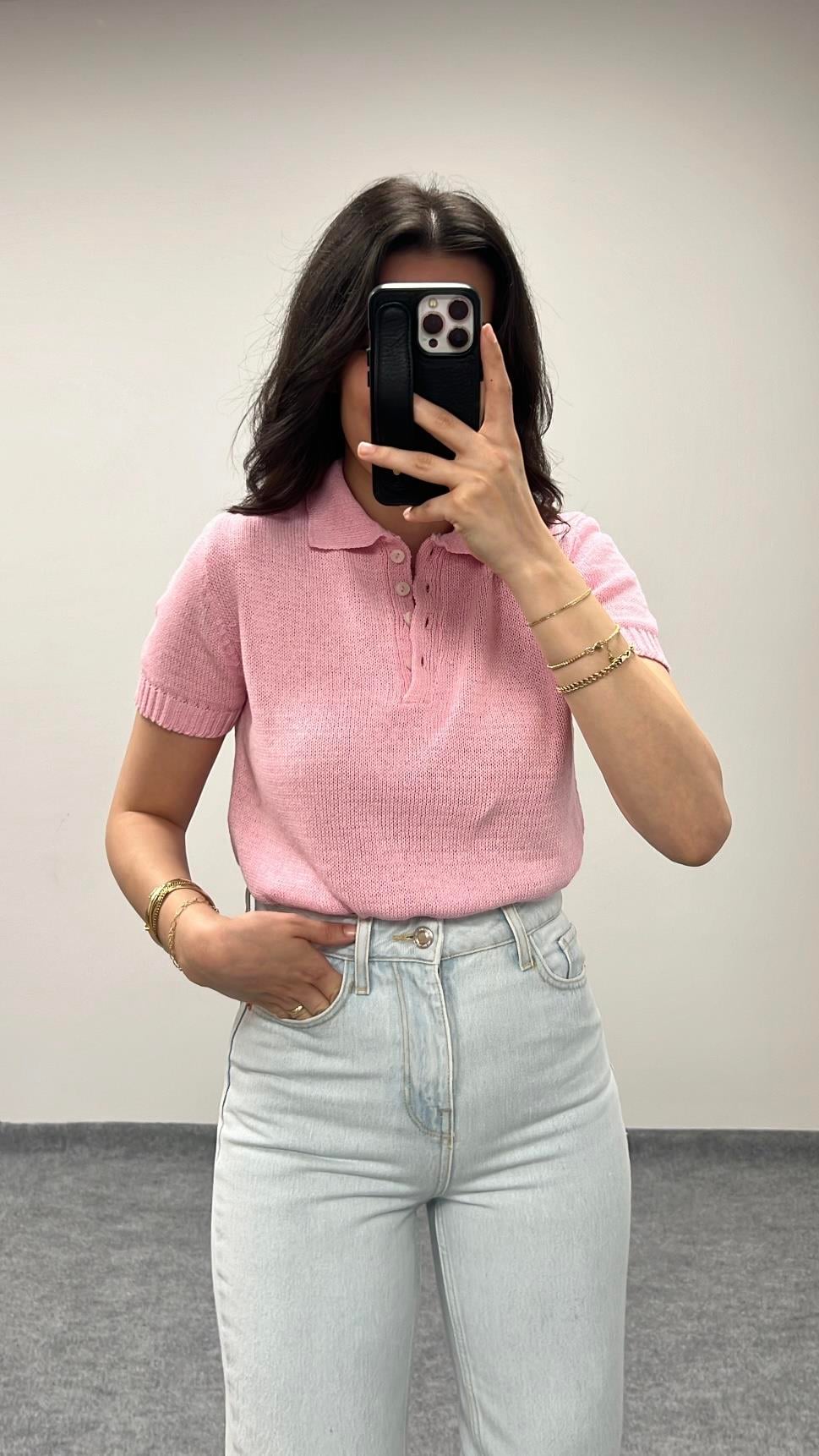 Lovi Pembe Polo Yaka Triko TişörtL