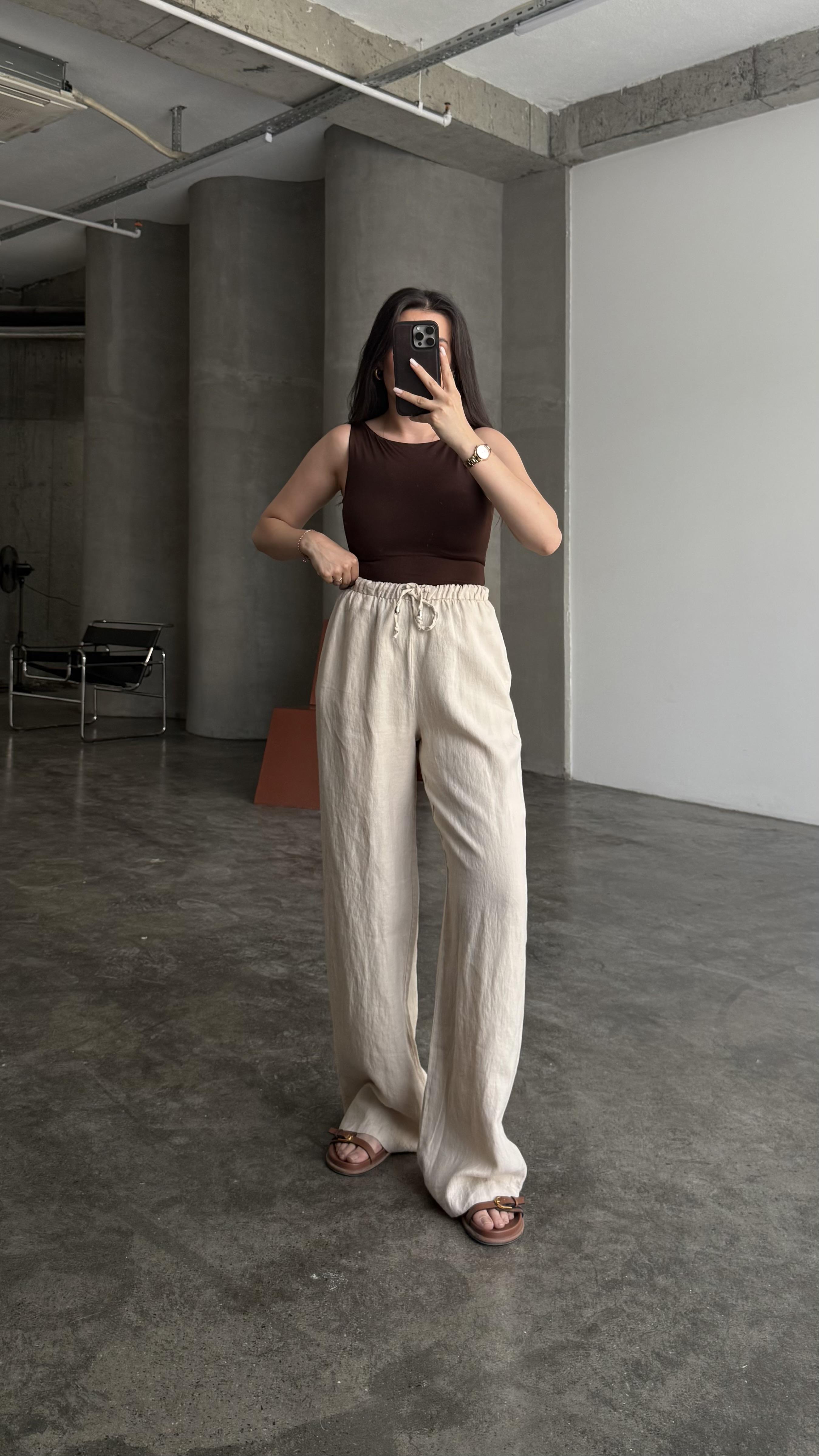 MAD Açık Vizon Ham Keten Straight Pantalon