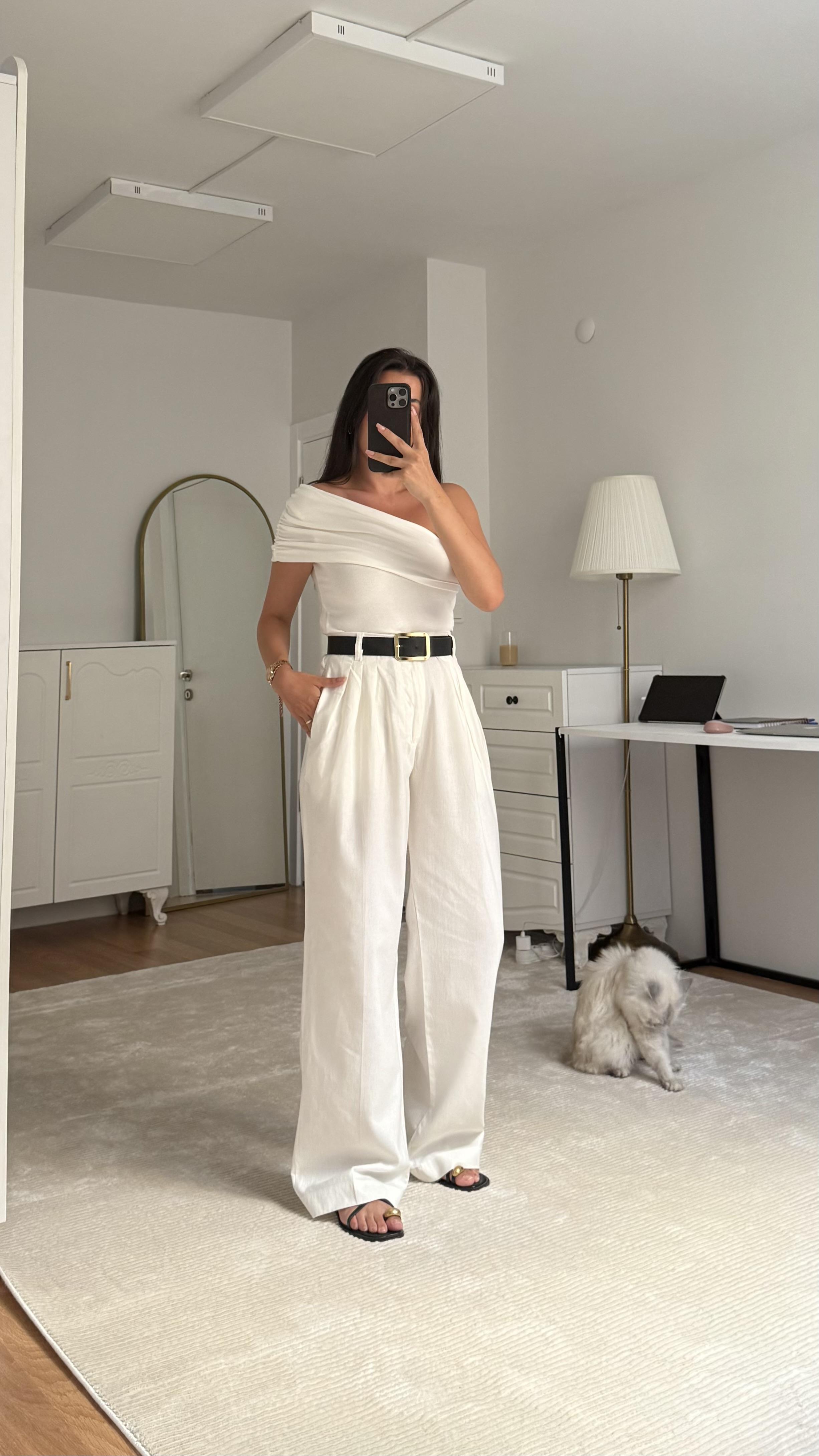 Mad Beyaz Beli Lastikli Ham Keten Pantolon