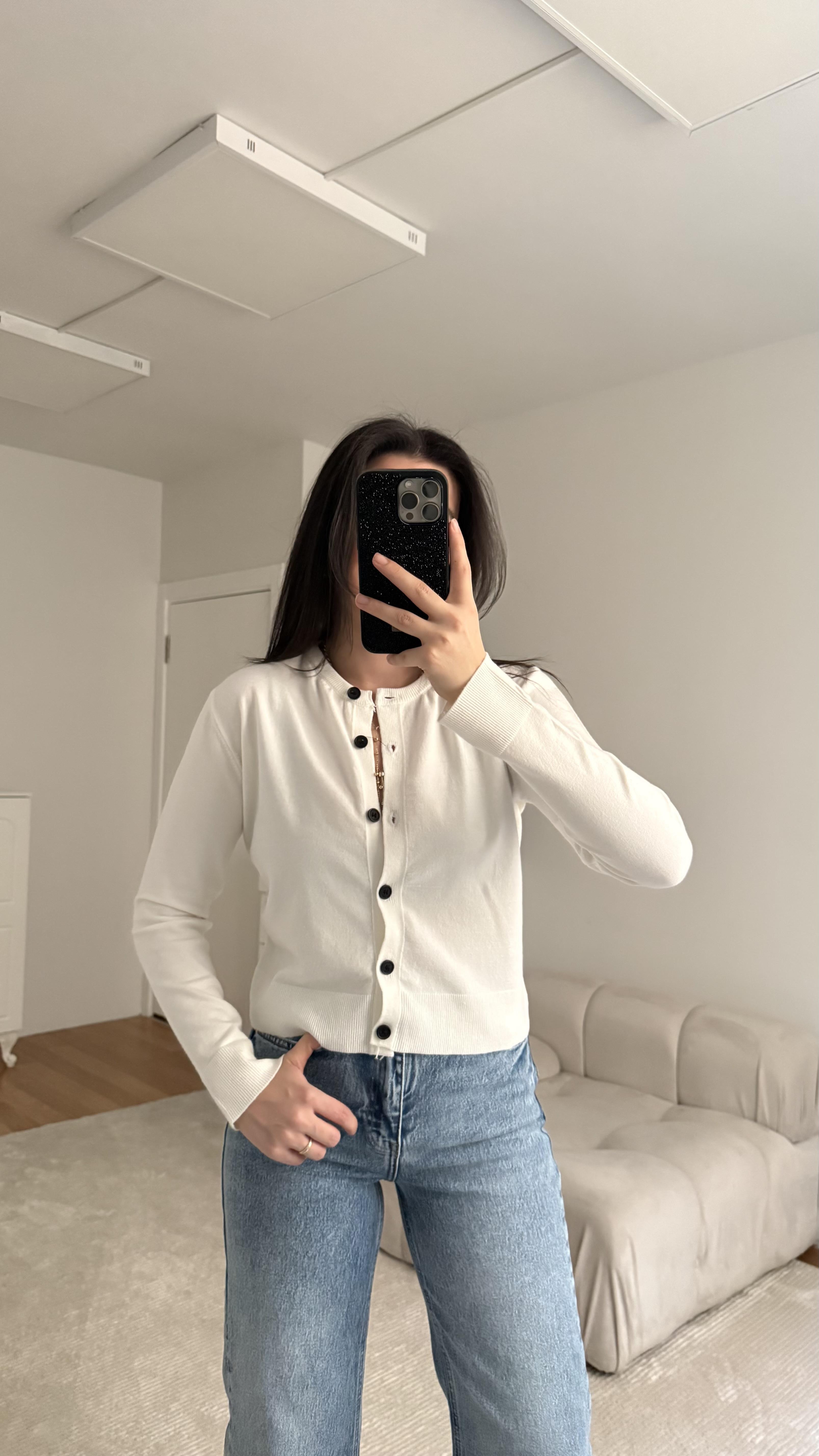 Mad Beyaz Bisiklet Yaka Düğmeli Triko Hırka