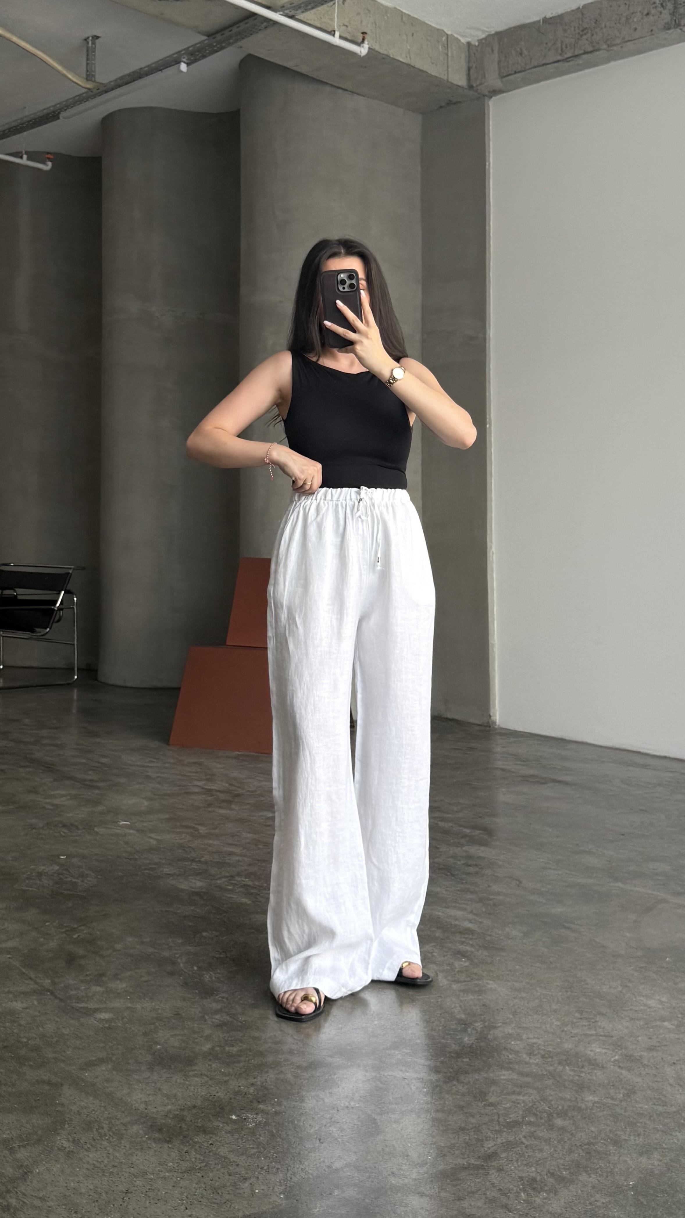 MAD Beyaz Ham Keten Straight Pantalon
