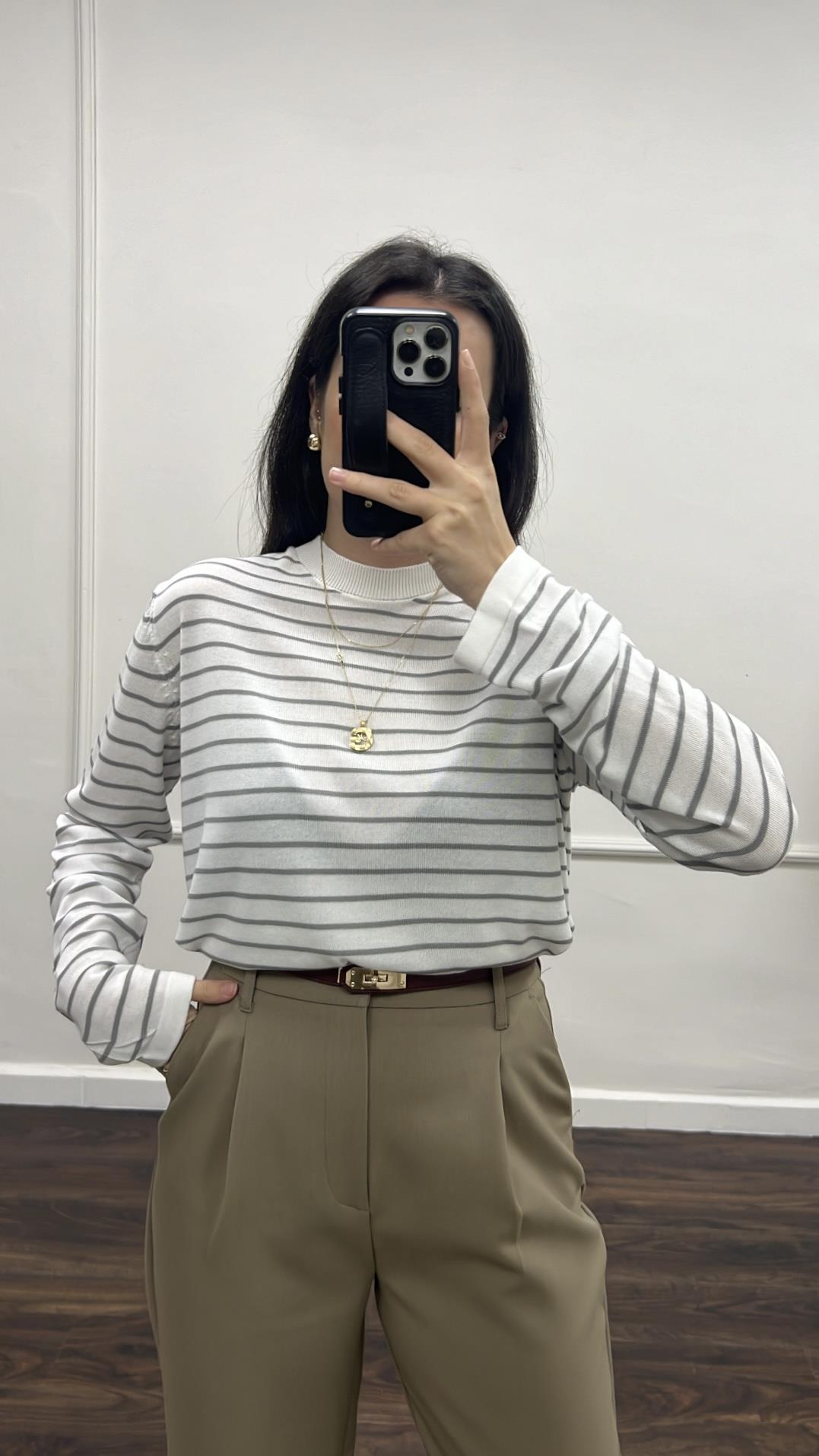 Mad Beyaz/Gri Çizgili Viskon Triko Örme