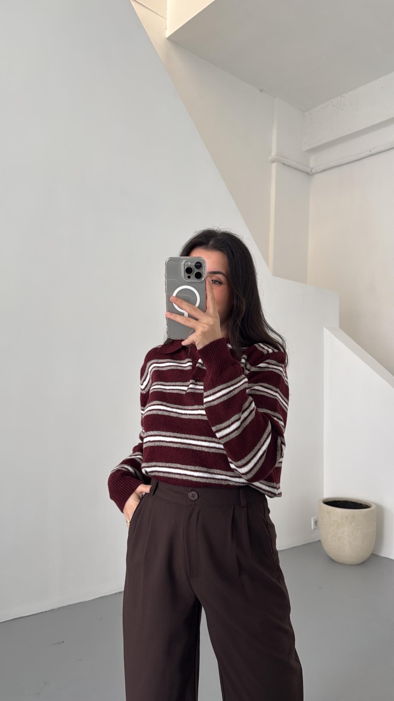 Mad Bordo Çizgili Polo Yaka Triko Kazak