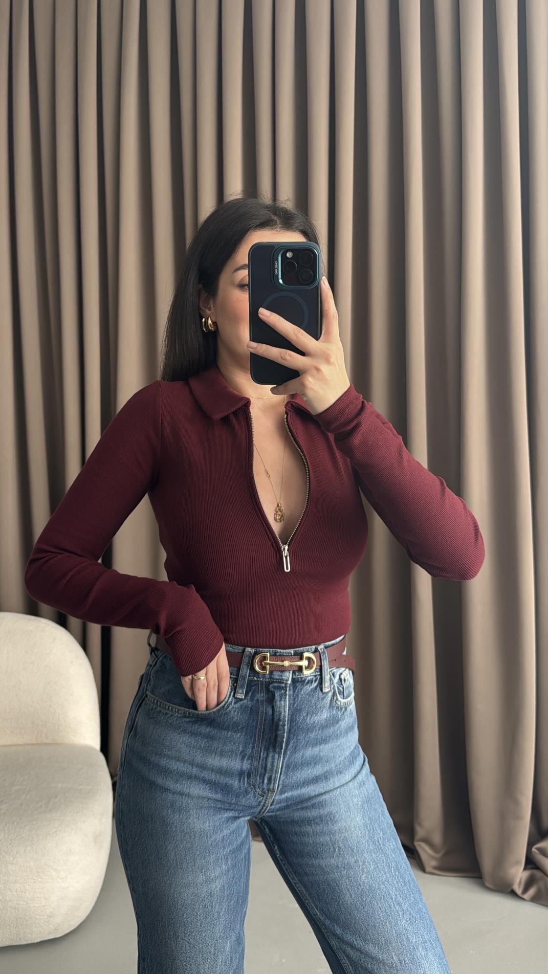 Mad Bordo Fermuar Detay Bluz