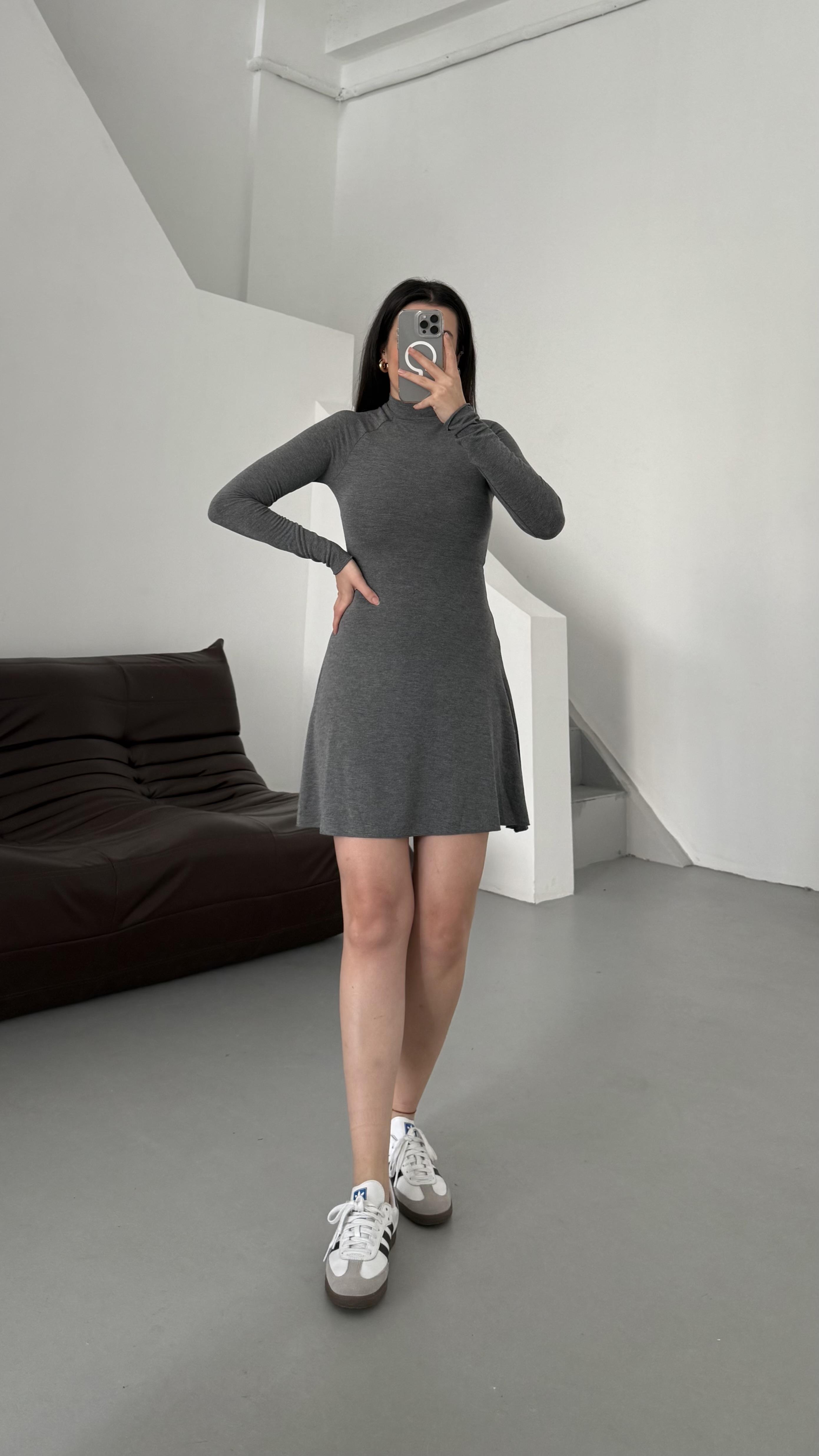 Mad Gri Kaşmir Dik Yaka Kloş Elbise