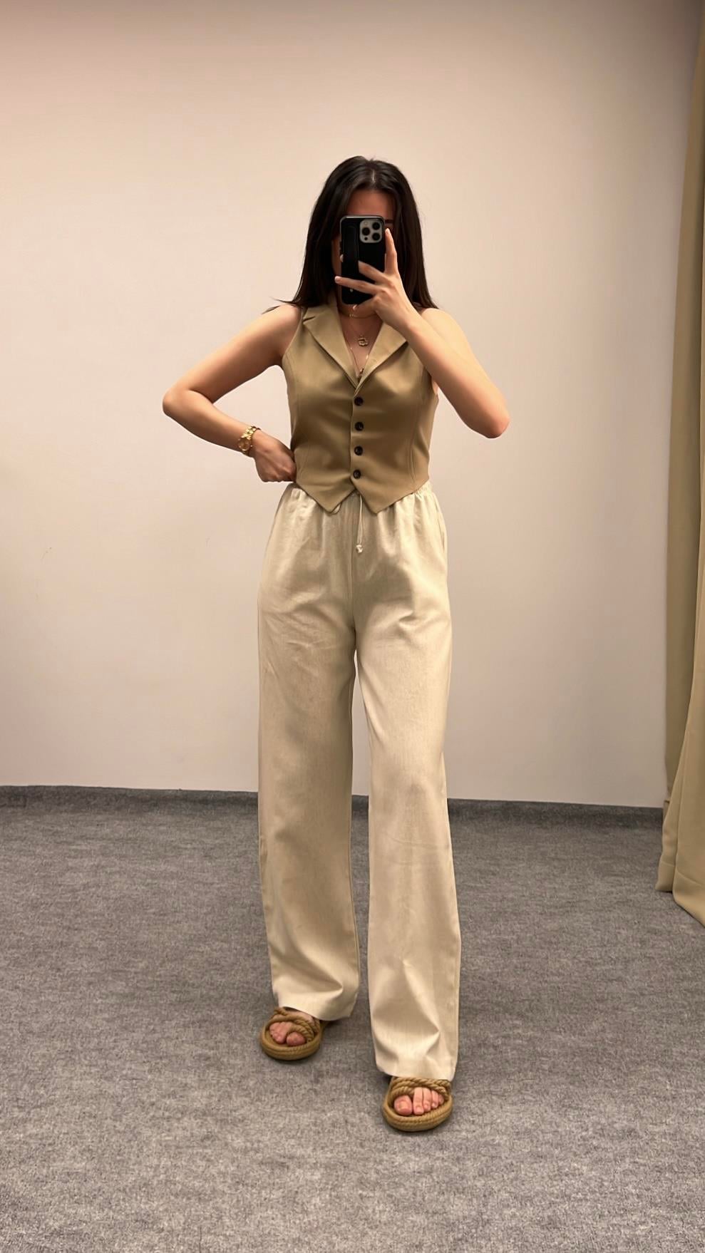 Mad Ham Keten Bej Straıght Pantolon