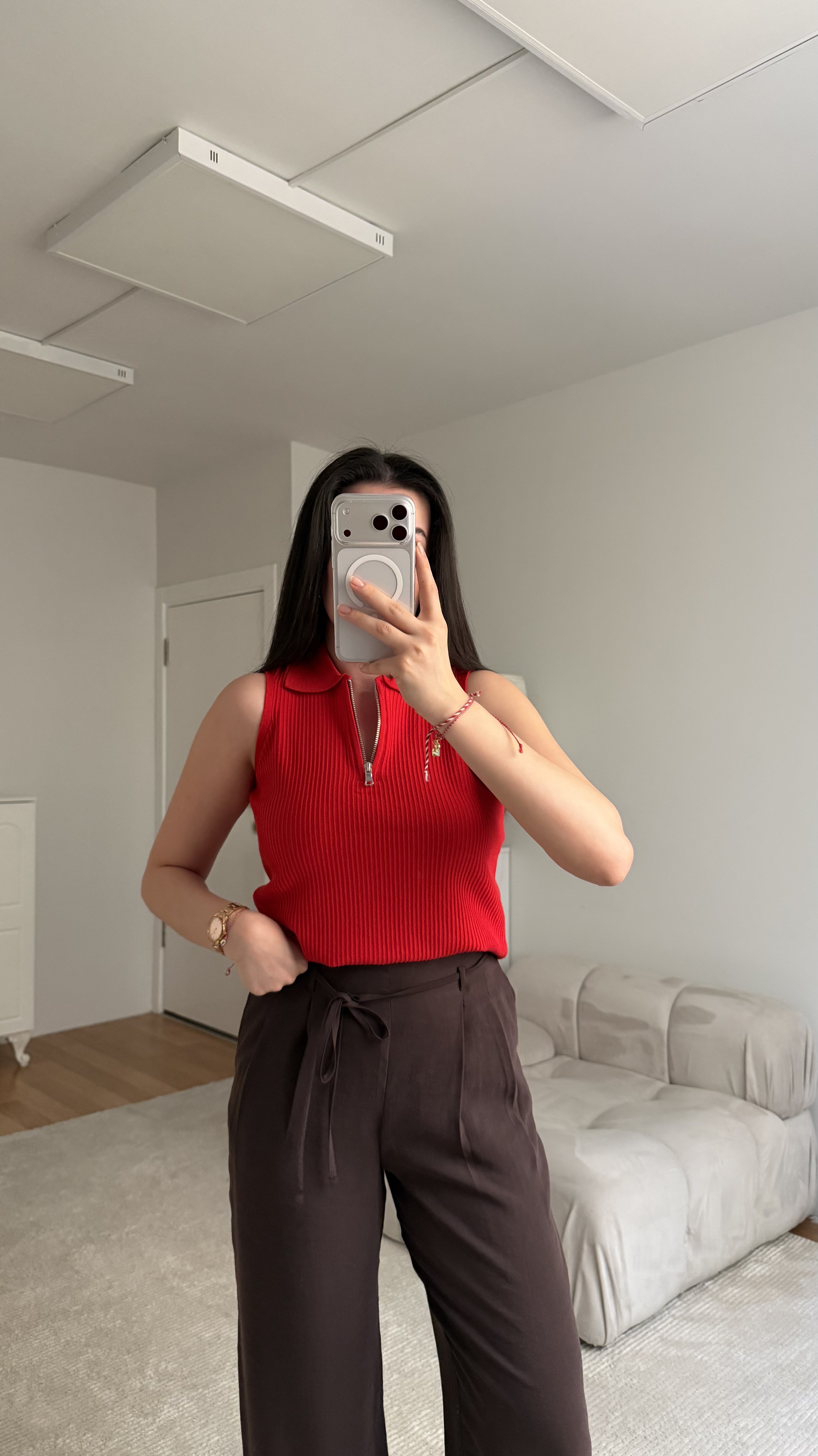 Mad Kırmızı Fermuarlı Polo Yaka Fitilli Bluz
