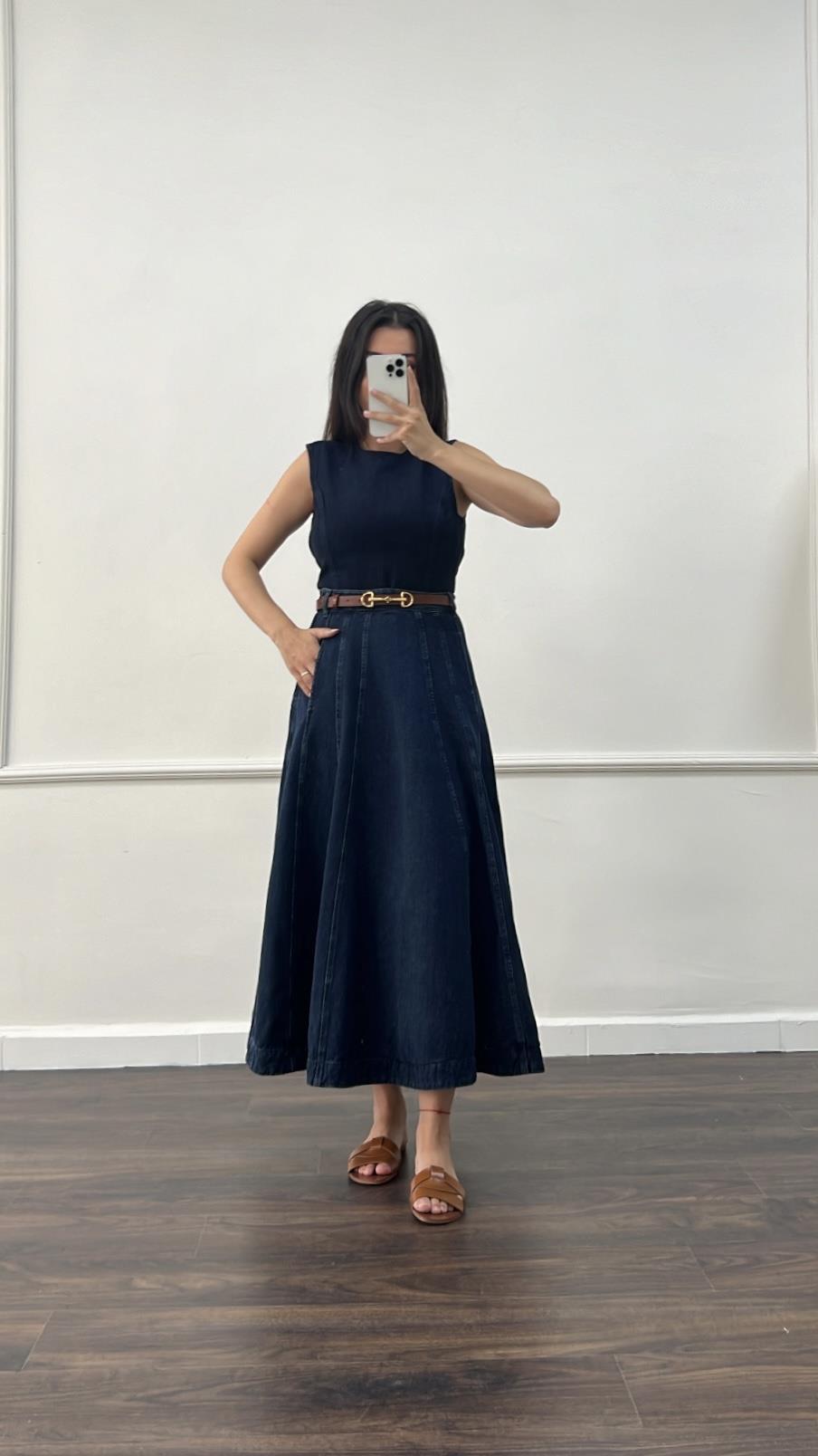 Mad Laci A Kesim Cepli Midi Denim Elbise