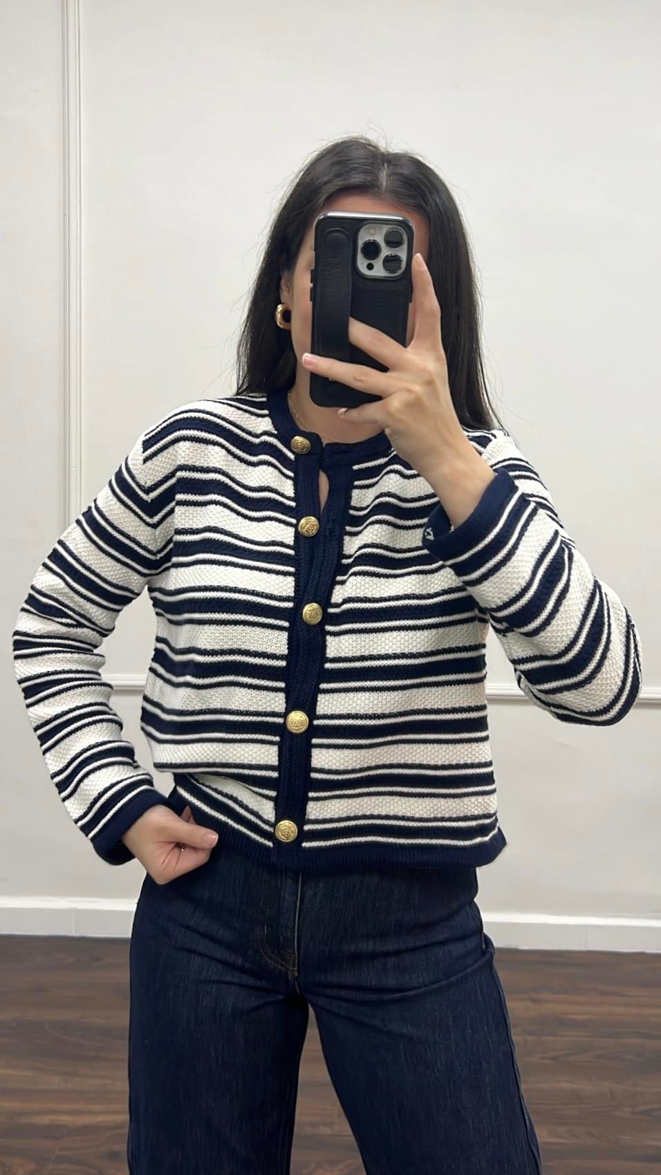 Mad Lacivert Çizgili Premıum Triko Hırka