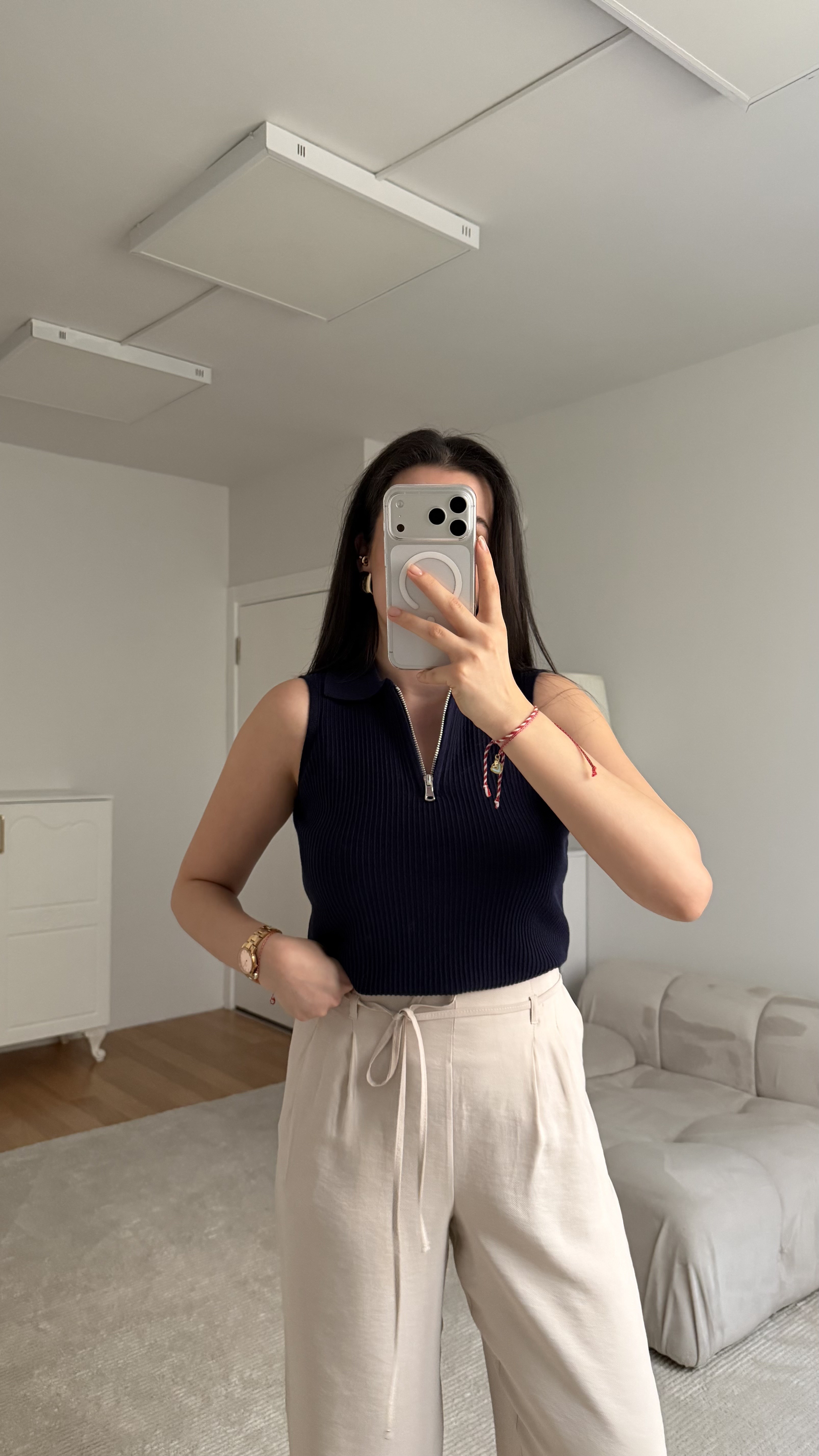 Mad Lacivert Fermuarlı Polo Yaka Fitilli Bluz