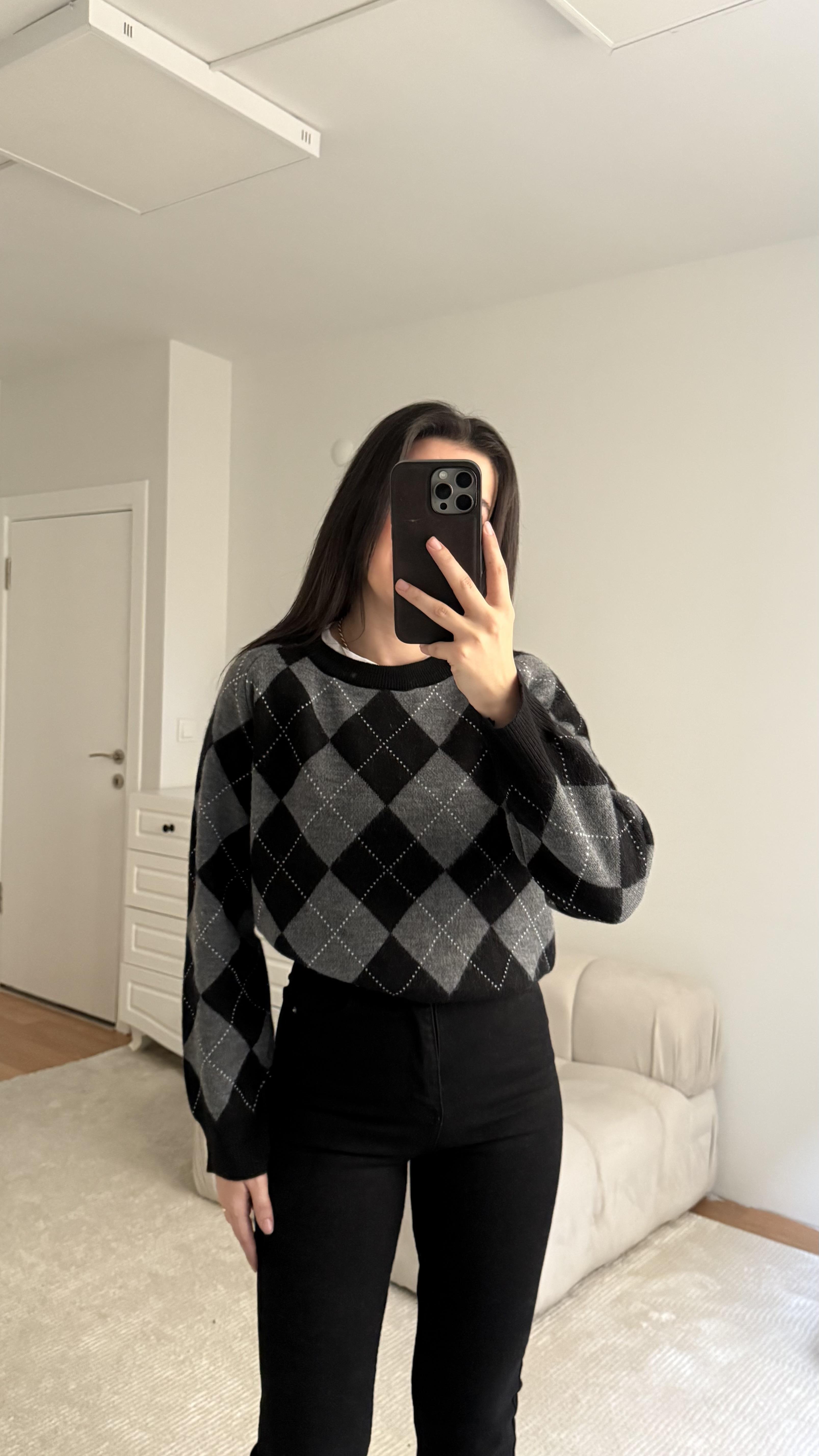 Mad Siyah Antrasit Baklava Desenli Bisiklet Yaka Kazak