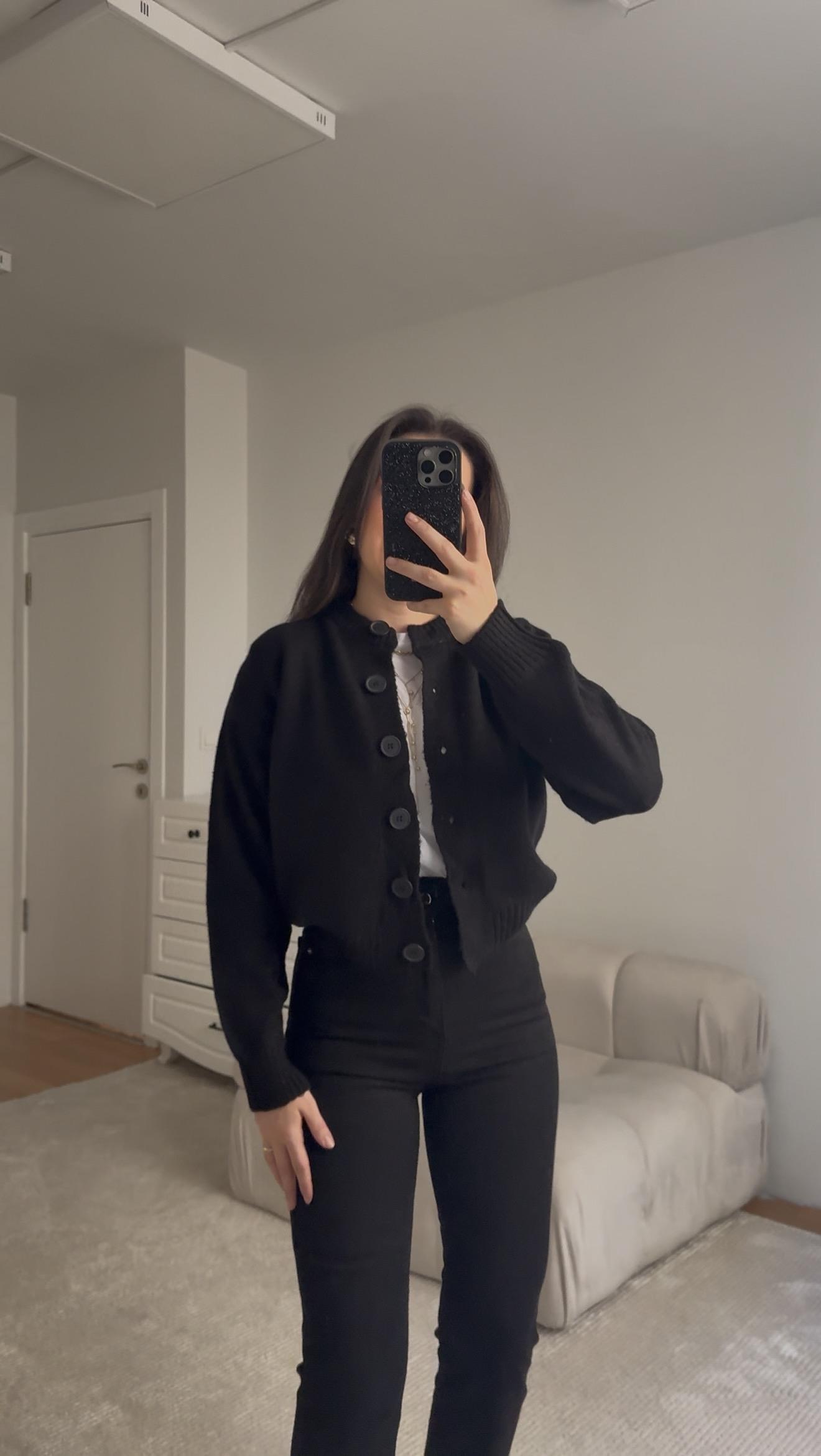 Mad Siyah Bisiklet Yaka Düğmeli Triko Hırka