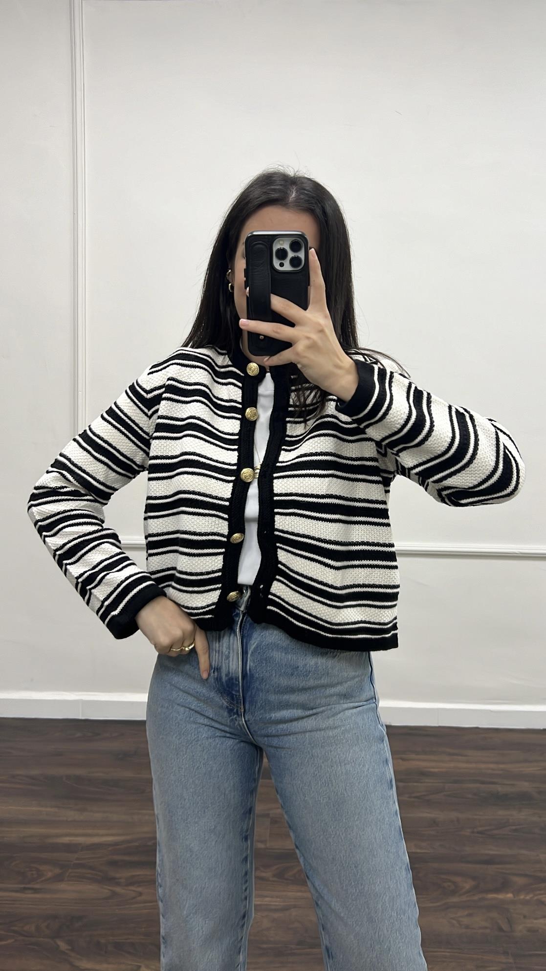 Mad Siyah Çizgili Premıum Triko Hırka