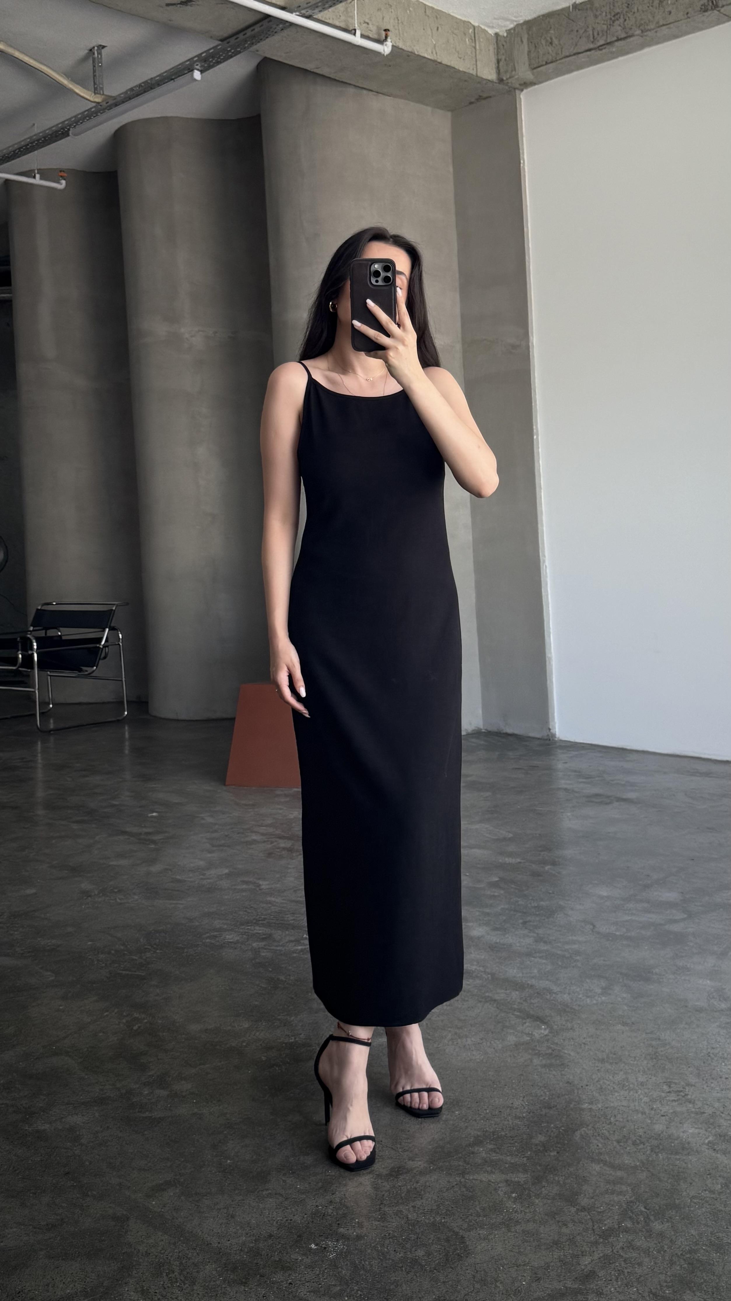 Mad Siyah Ham Keten Midi Boy Elbise