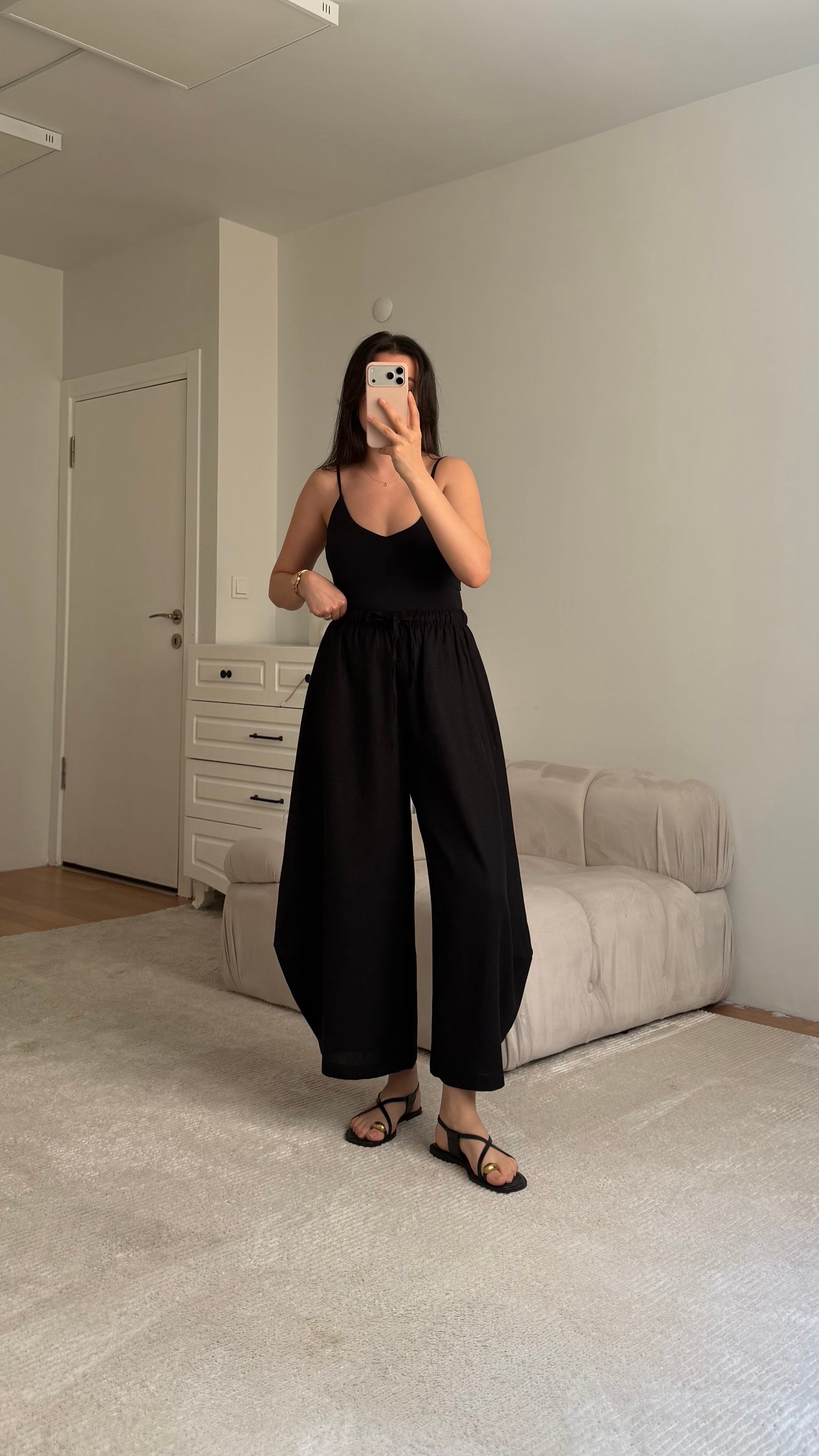 Mad Siyah Ham Keten Şalvar Paça Pantolon