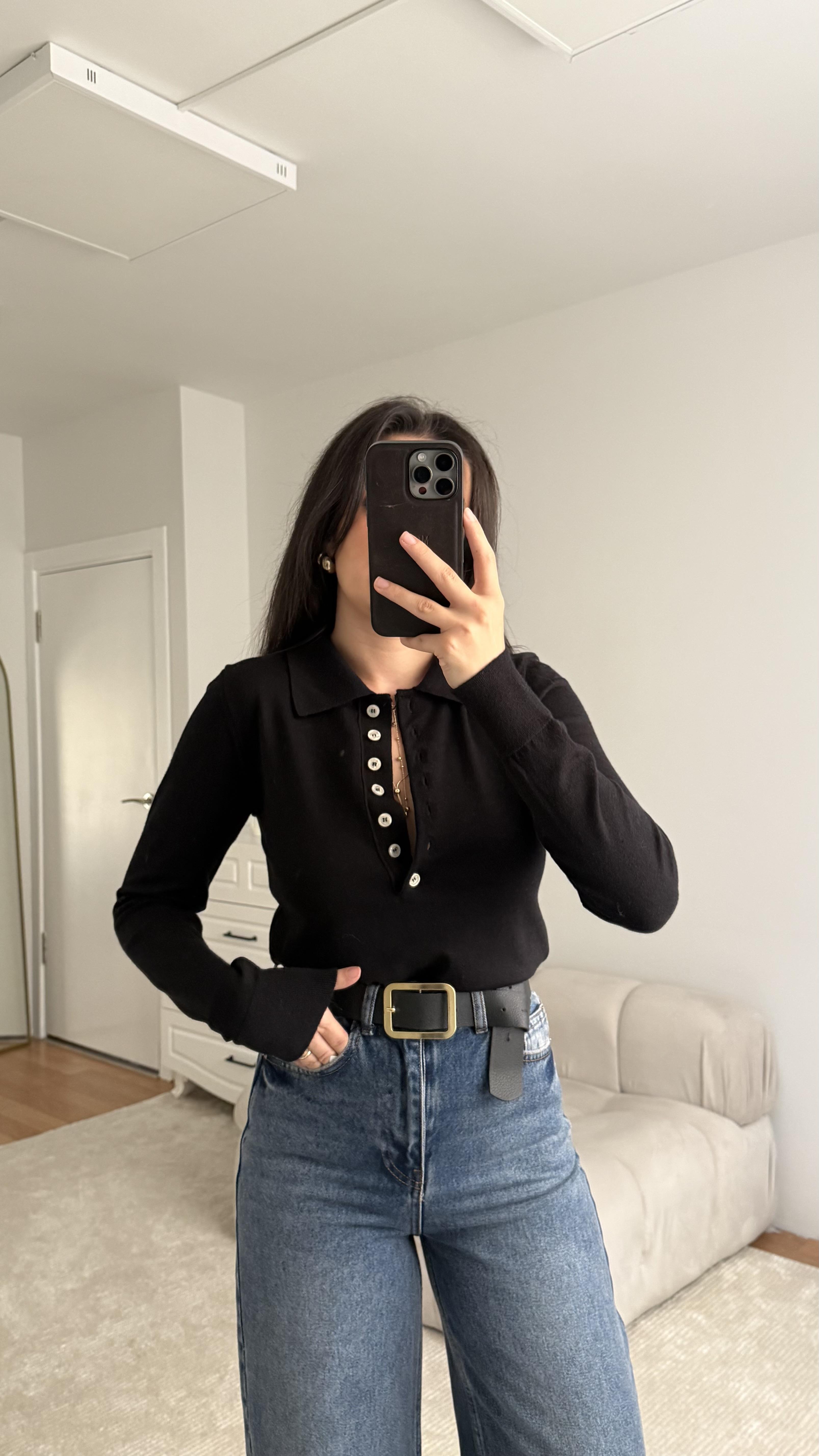 Mad Siyah Polo Yaka Düğmeli Premıum Triko