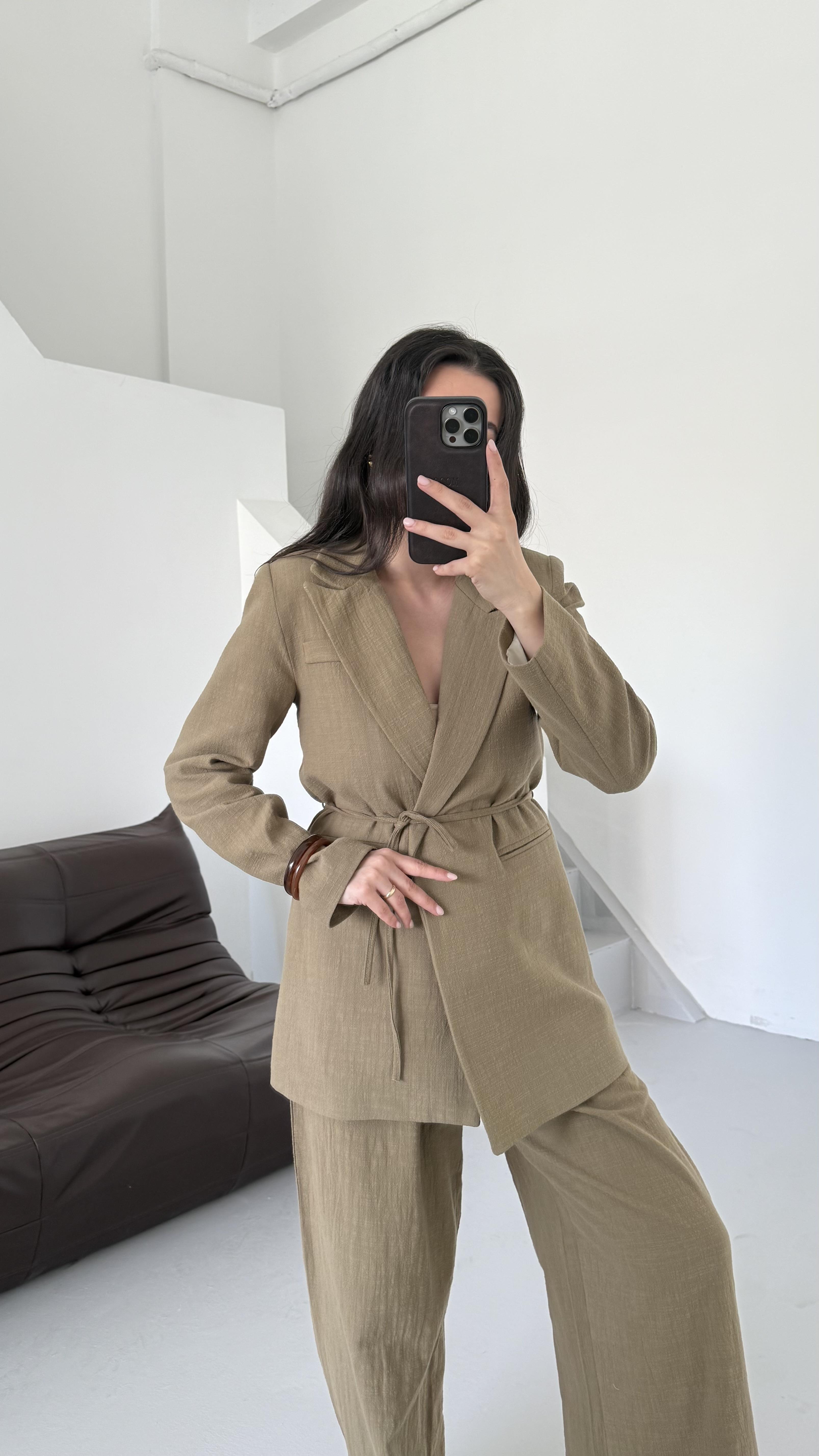 Mad Soft Haki Keten Bağlamalı Blazer 