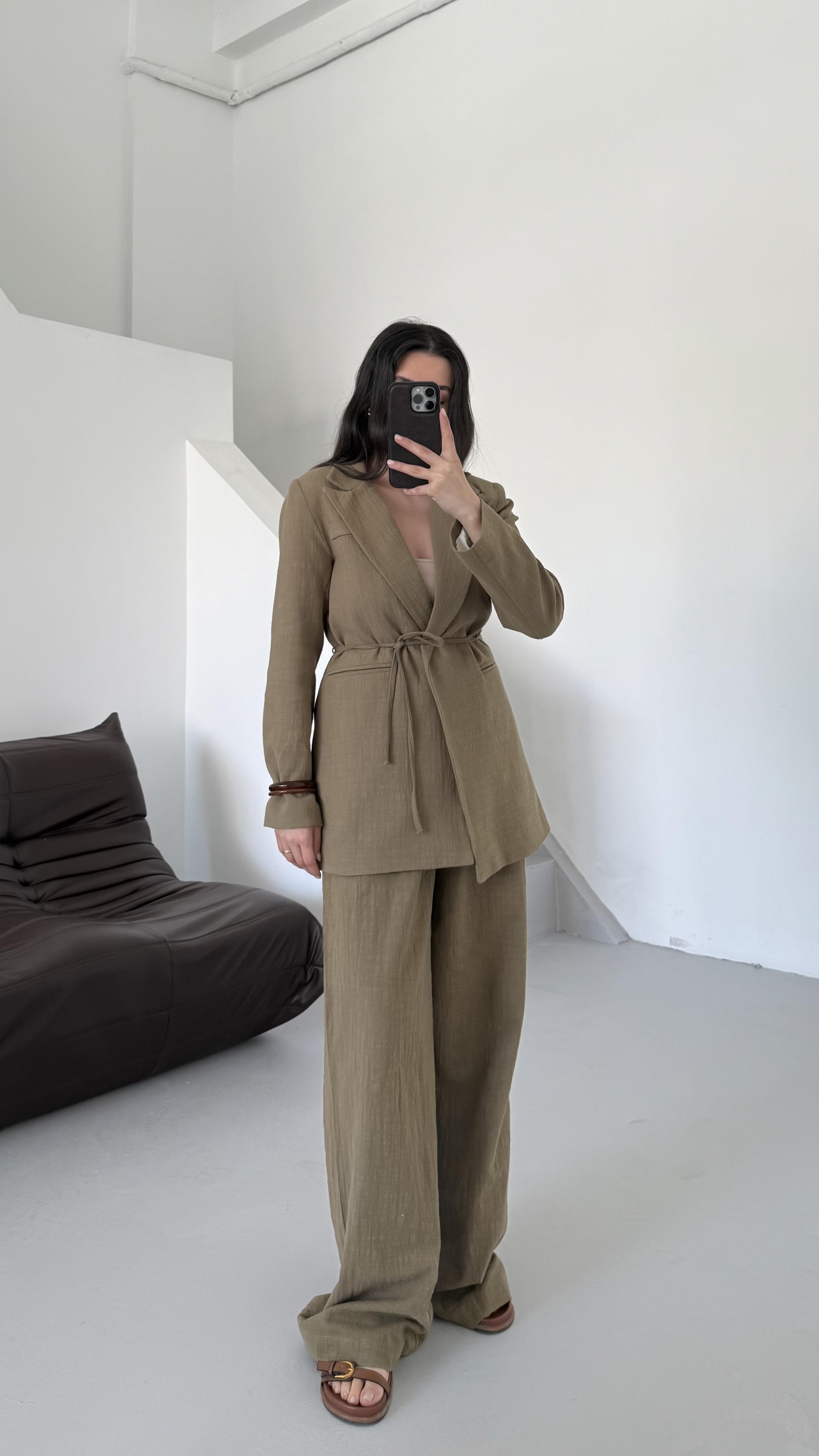 Mad Soft Haki Keten Palazzo Pantolon