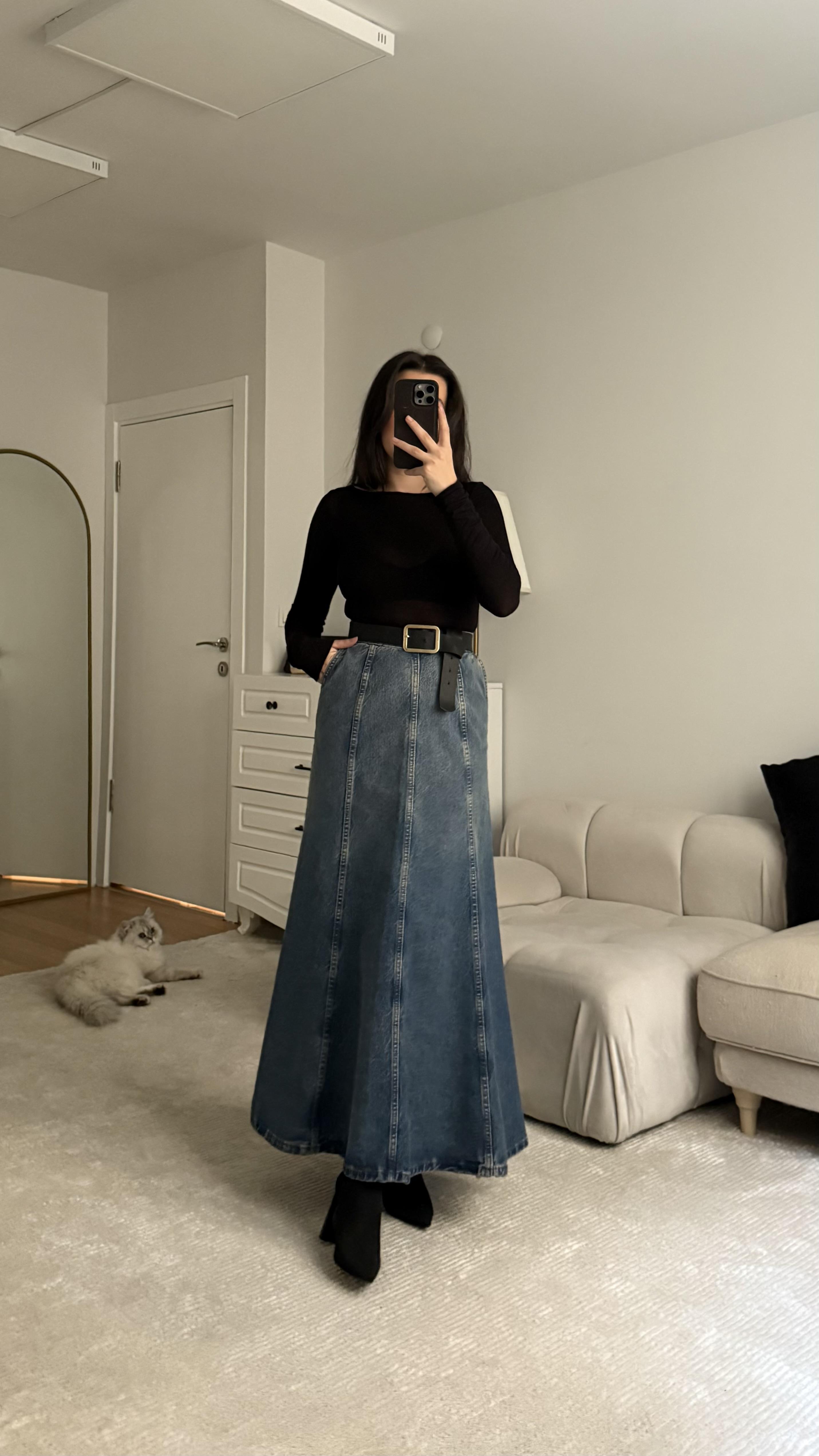 Marka A Kesim Midi Boy Denim Etek