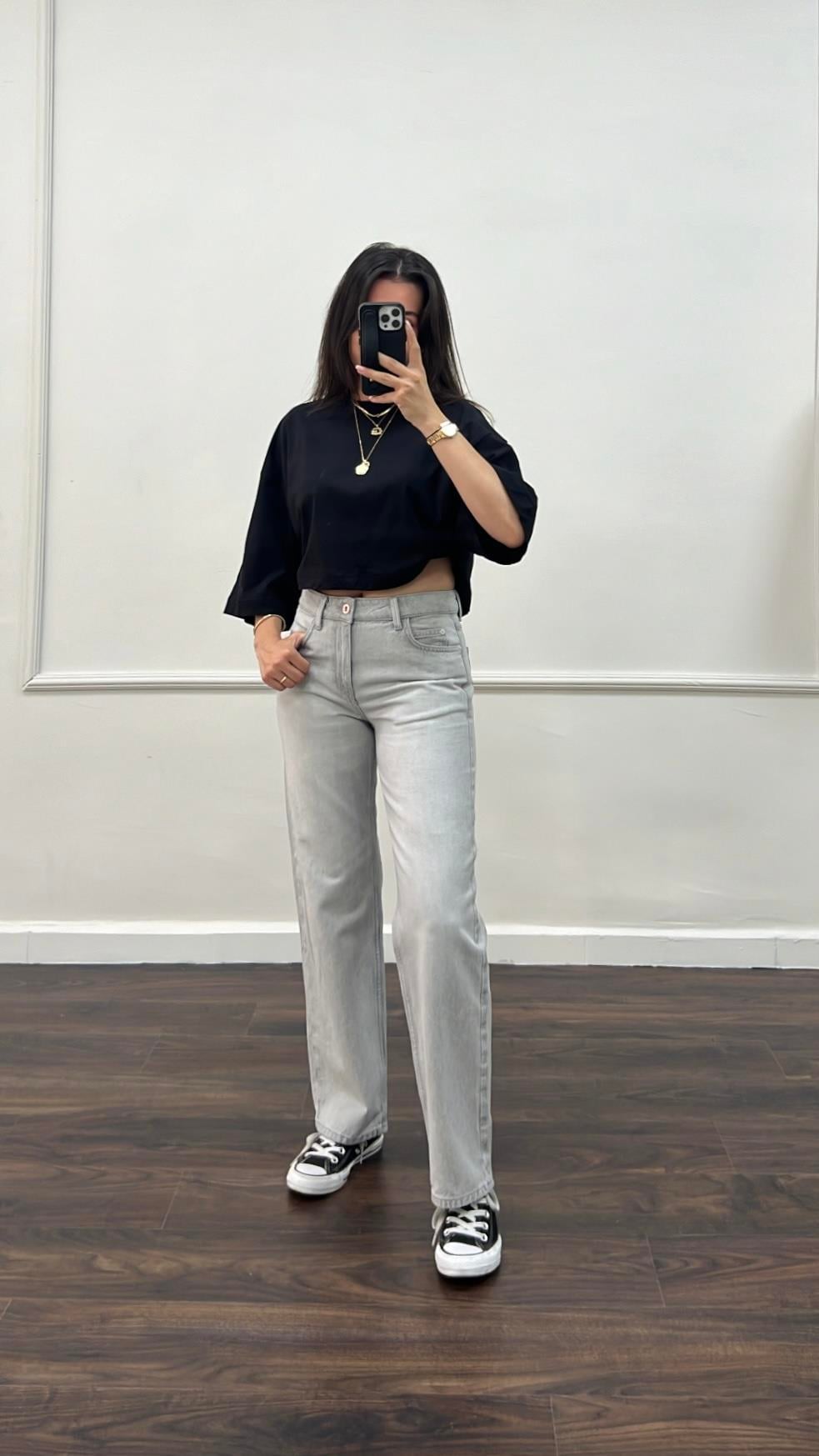 Marka Açık Gri Orta Bel Straight Jean