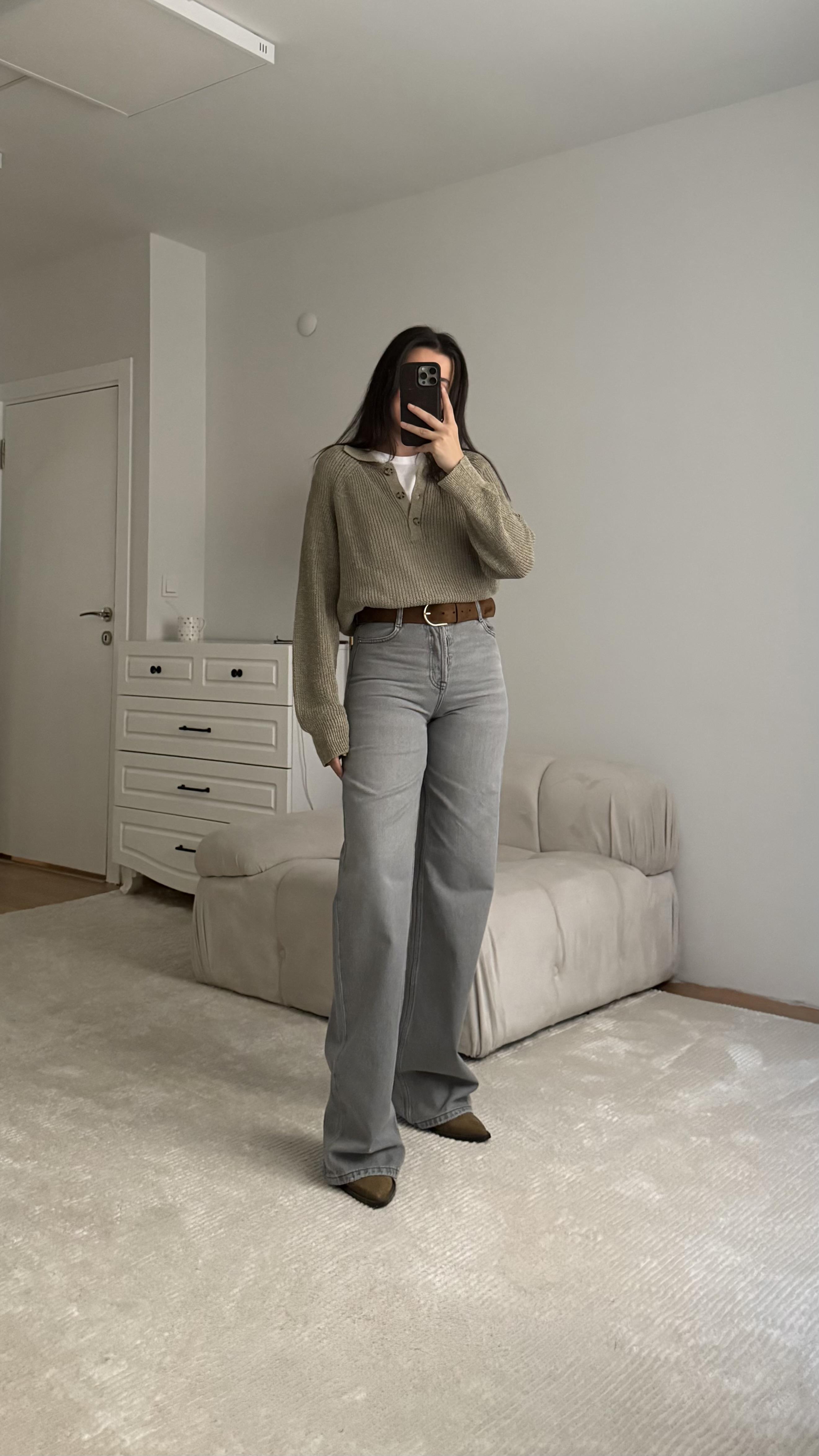 Marka Açık Gri Yüksek Bel Wide Leg Jean
