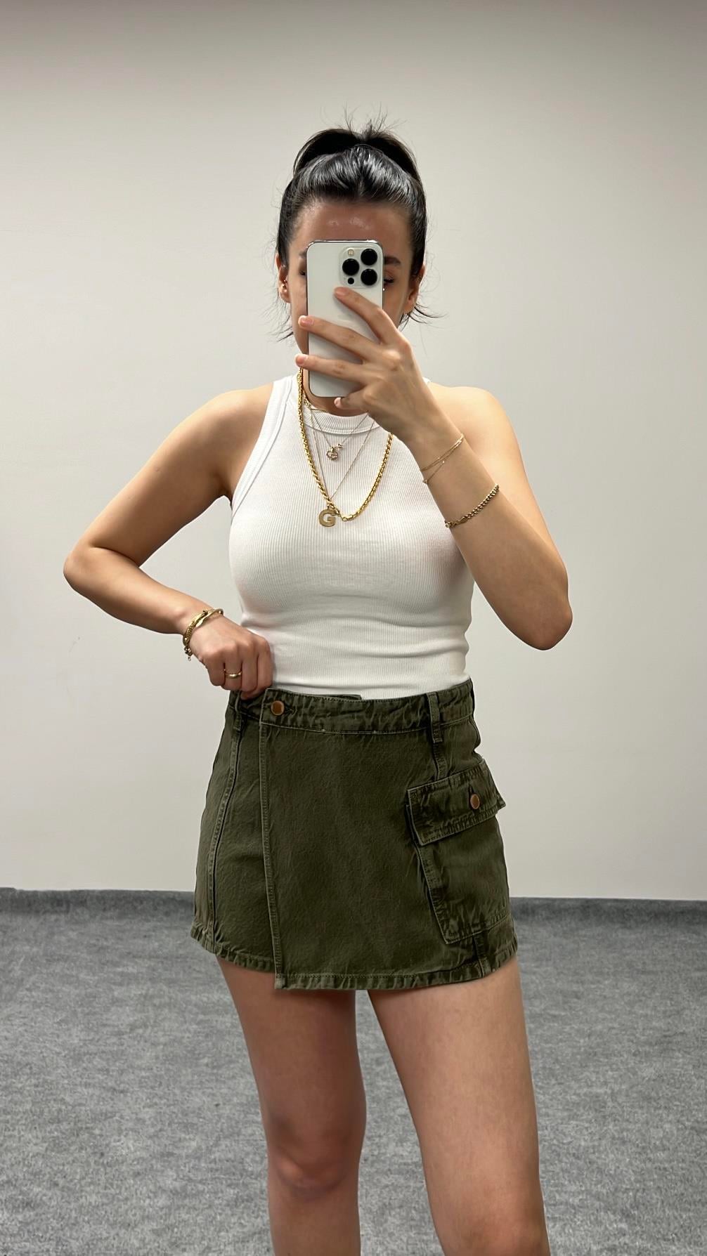 MARKA ASKER YEŞİLİ DENİM ŞORT ETEK